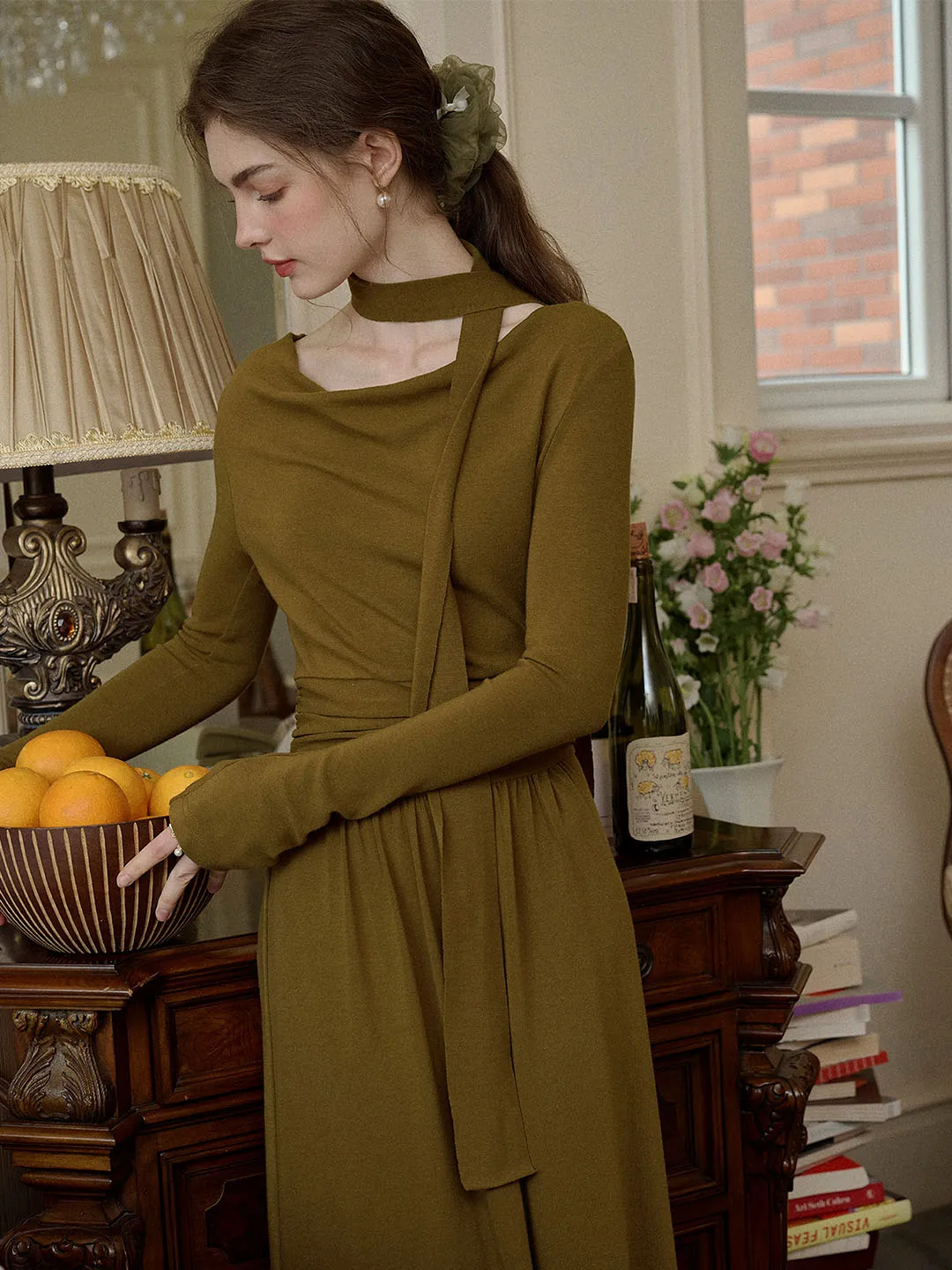 Simple Bow Journee Elegant Romantic Waist Knitted Dress