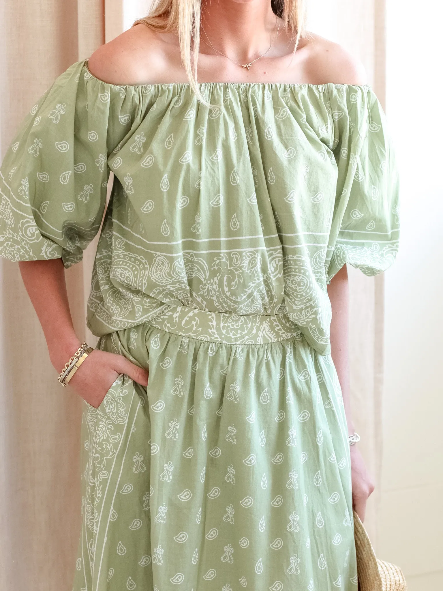 Paisley Short Sleeve Top Textured Weave Pattern