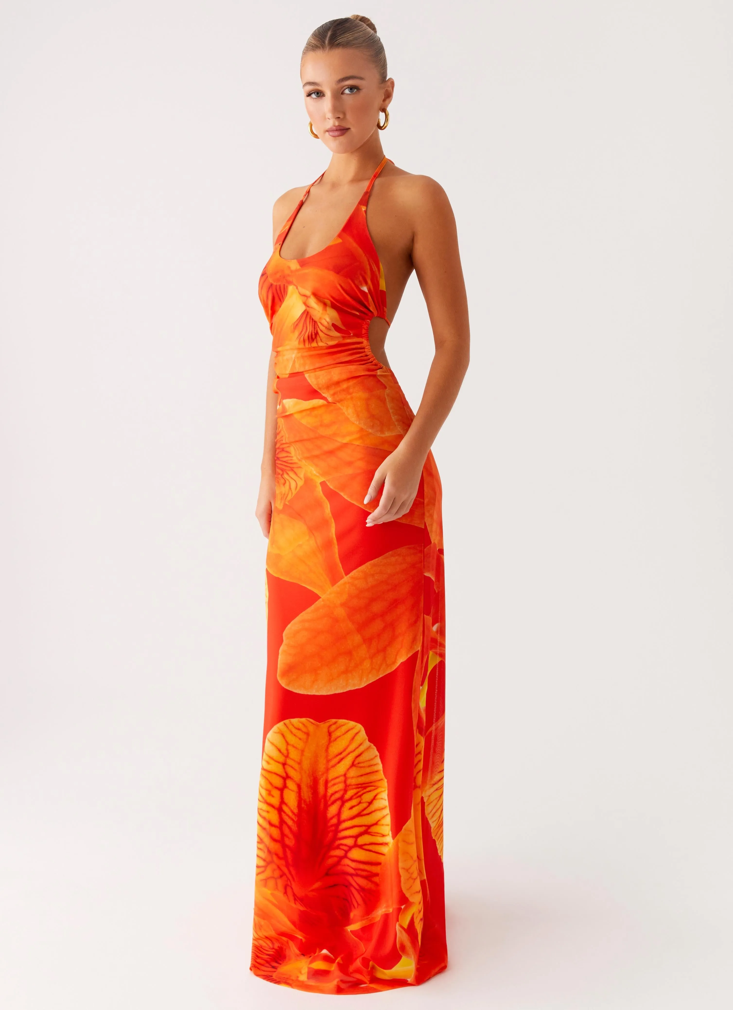 Palawan Mesh Maxi Dress - Orange Floral Elegant Fabric