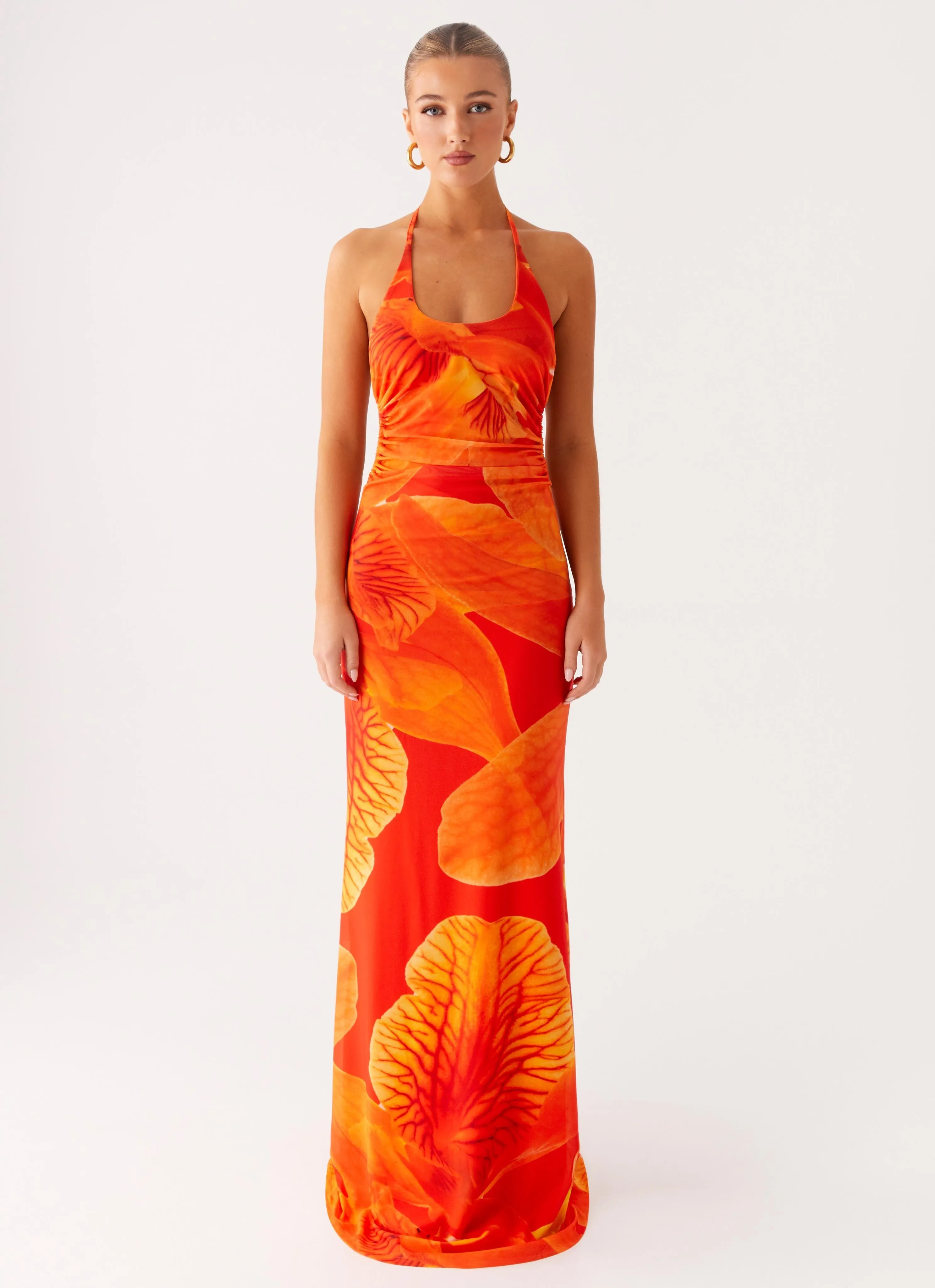 Romantic Hour Light and Comfortable Wear Palawan Mesh Maxi Dress - Orange Floral