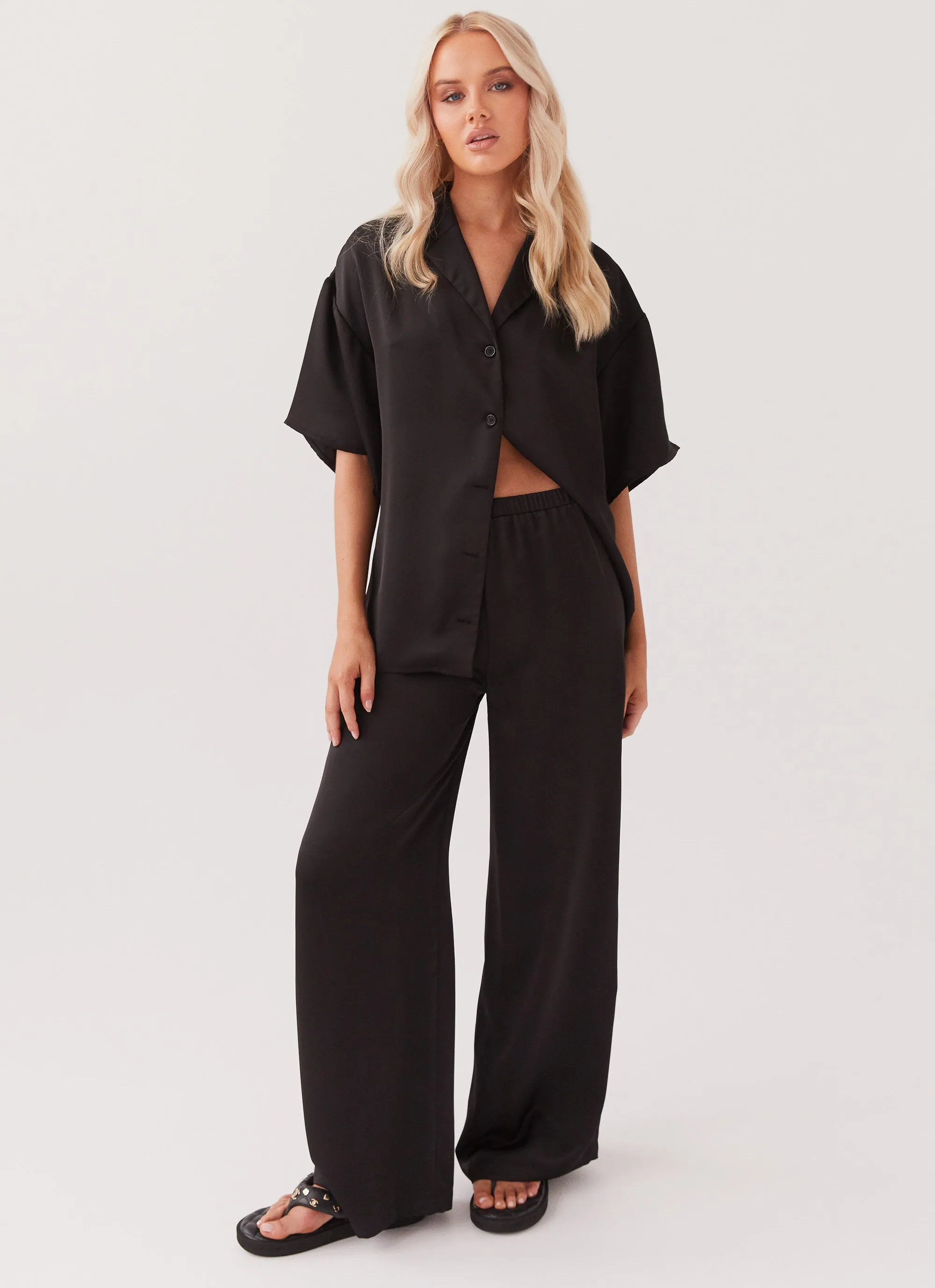 Palm Cove Satin Pants - Black Flexible Ankle Cuffs