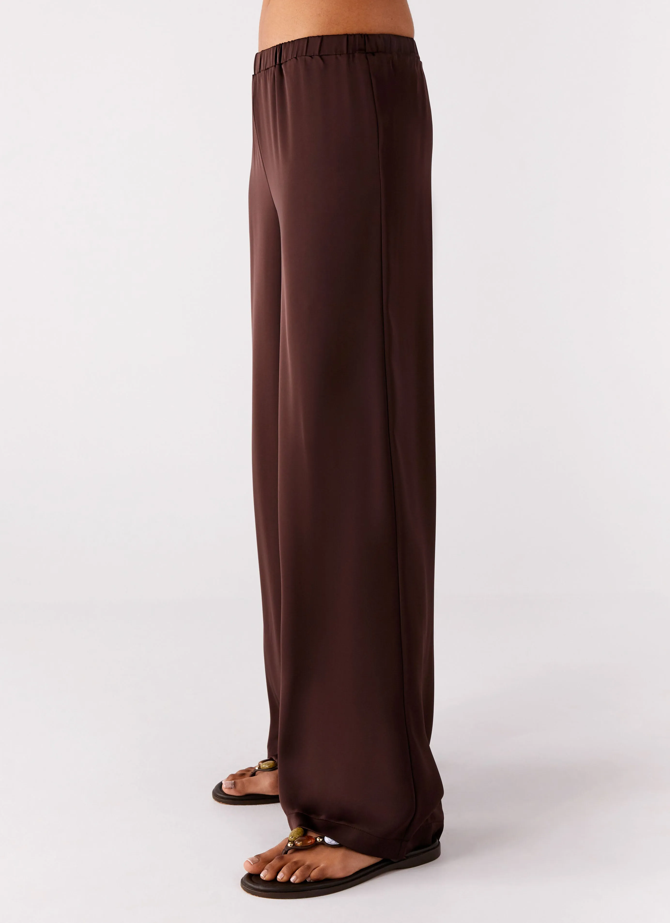 Palm Cove Satin Pants - Chocolate Flat Lock Seams Feminine Fit