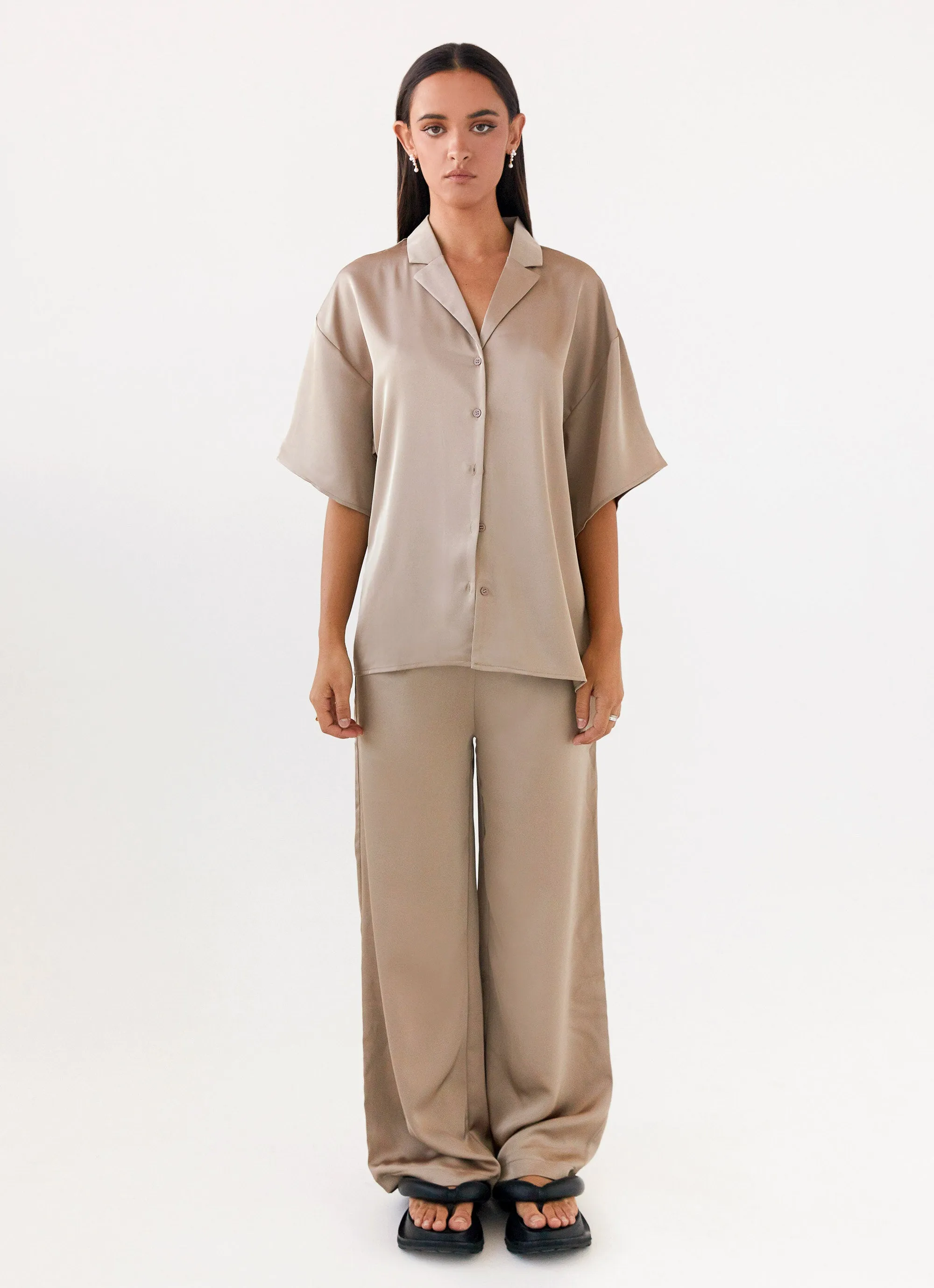 Modern Appeal Layer Ready Palm Cove Satin Pants - Mushroom