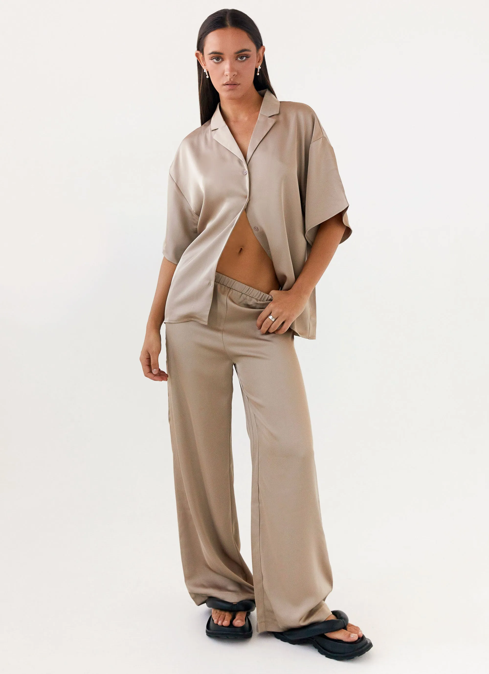 Palm Cove Satin Pants - Mushroom Stylish Cut
