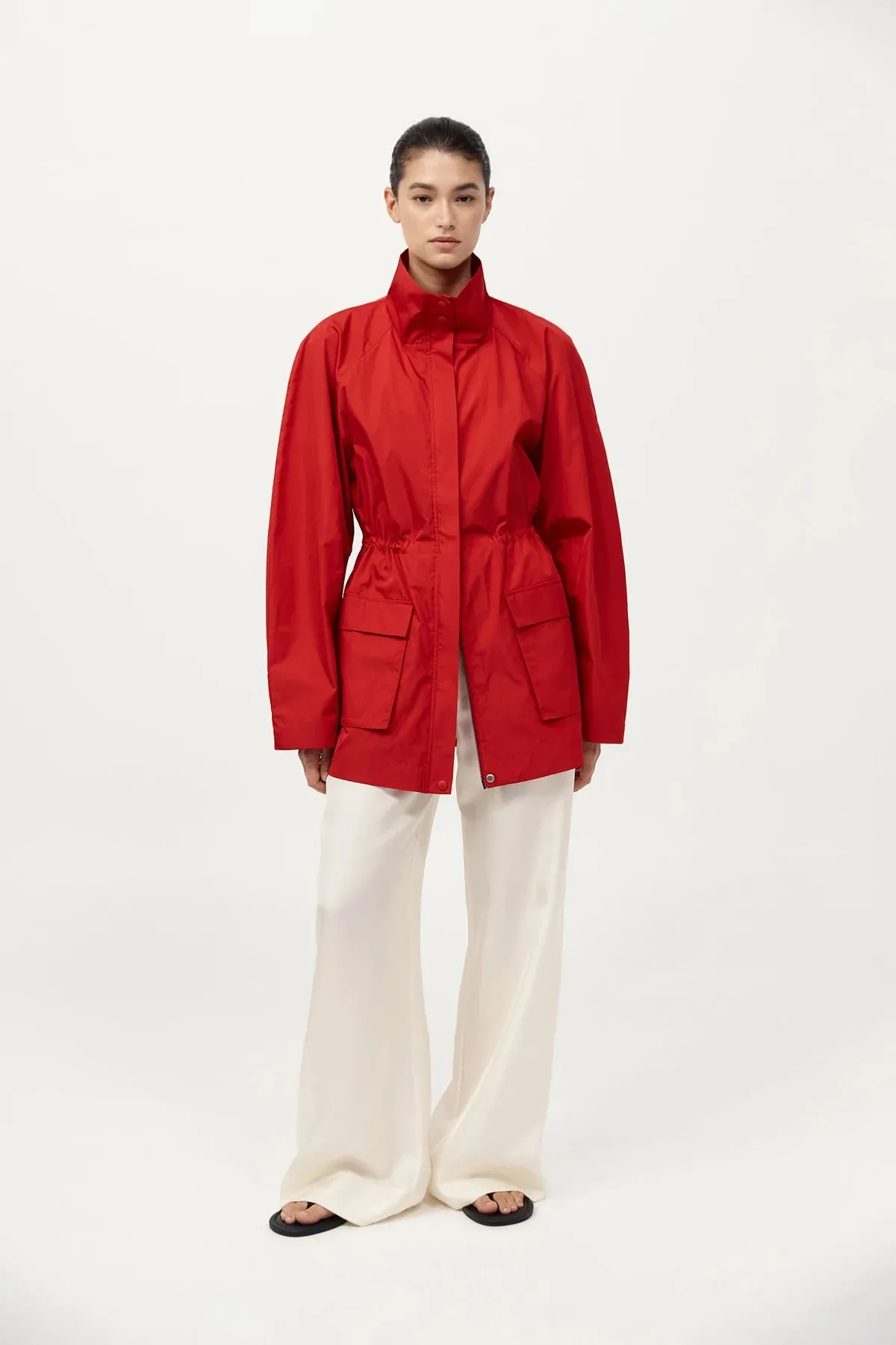 Frictionless Cuffs Cold Shield Paper Taffeta Parka in Red