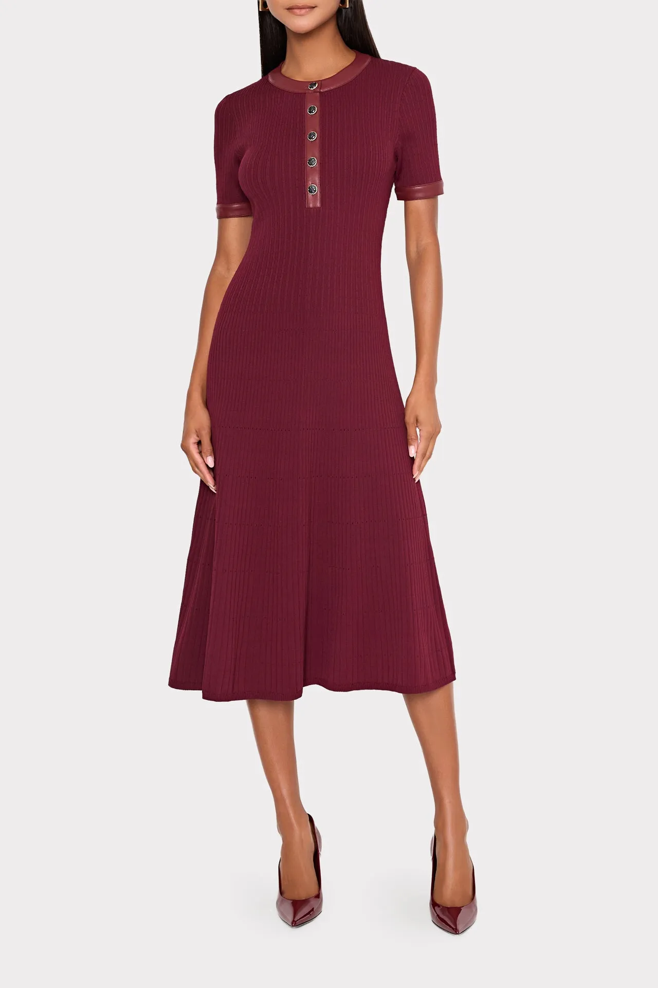 Leather Detail Knit Midi Dress Pose Sweet Satin Touch