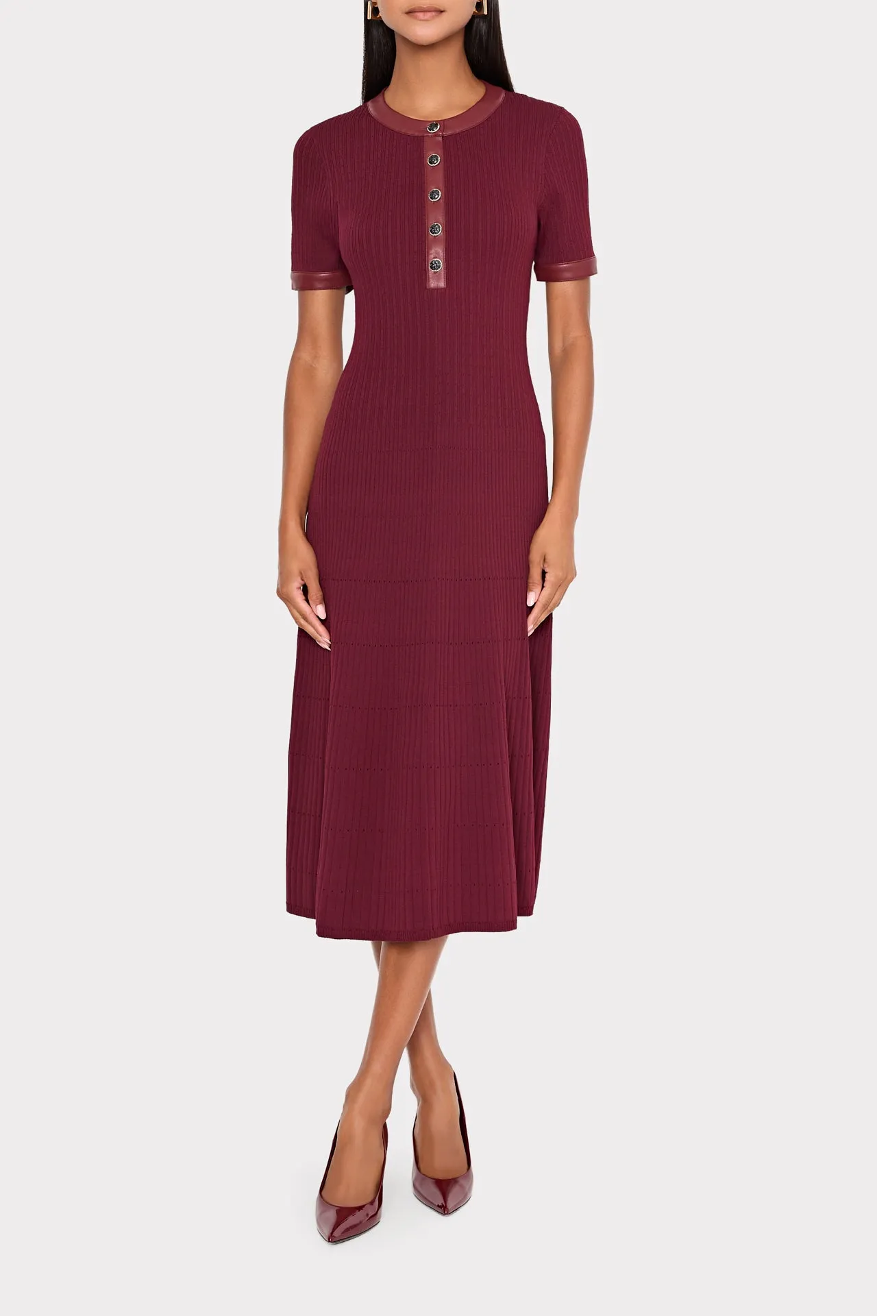 Leather Detail Knit Midi Dress Contrast-Panel Mood Edge