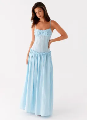 Jacinda Drop Waist Maxi Dress - Blue Gathered Skirt Modern Texture