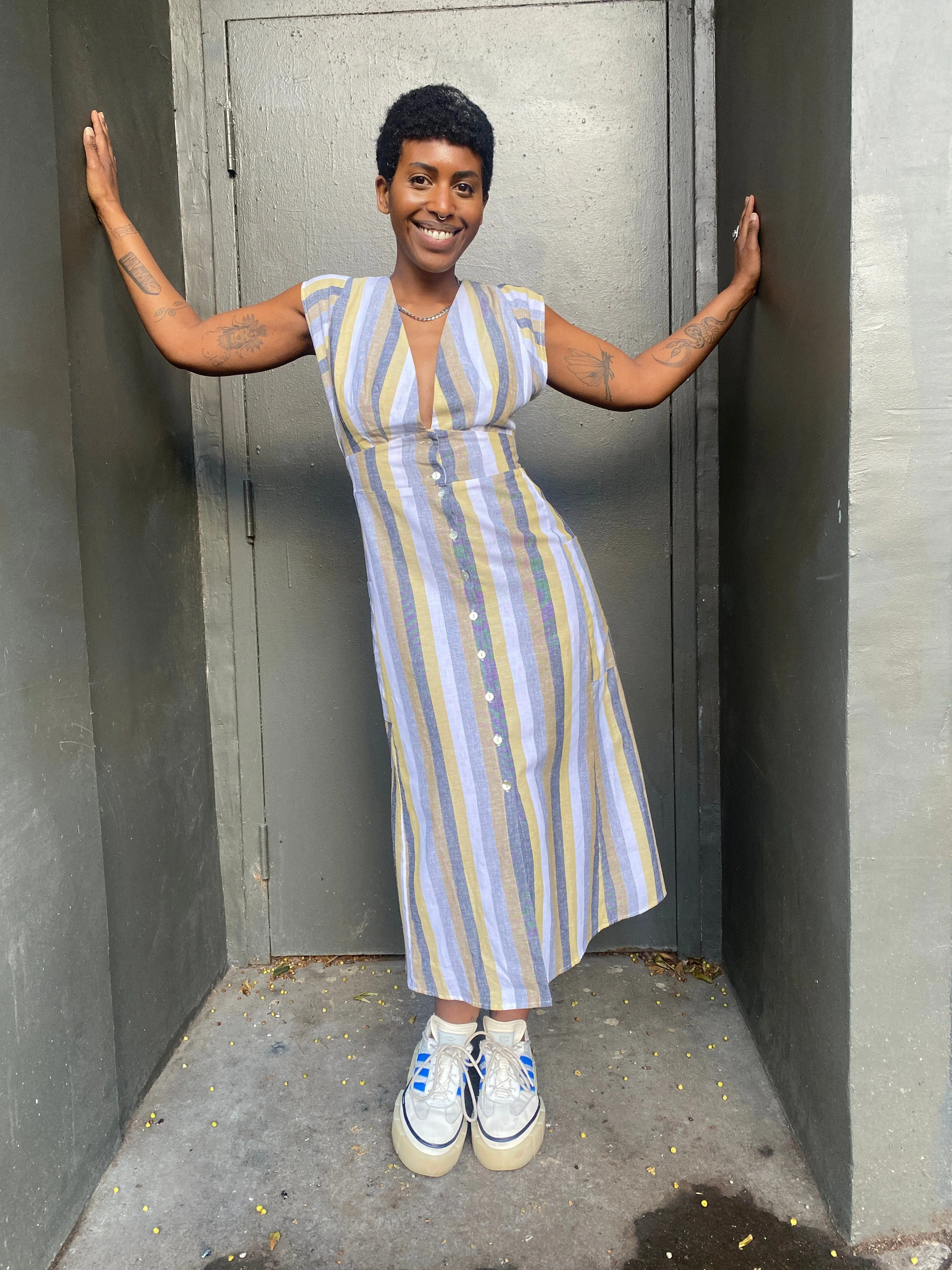 Penelope Dress in Linen Stripe Versatile dress for layering