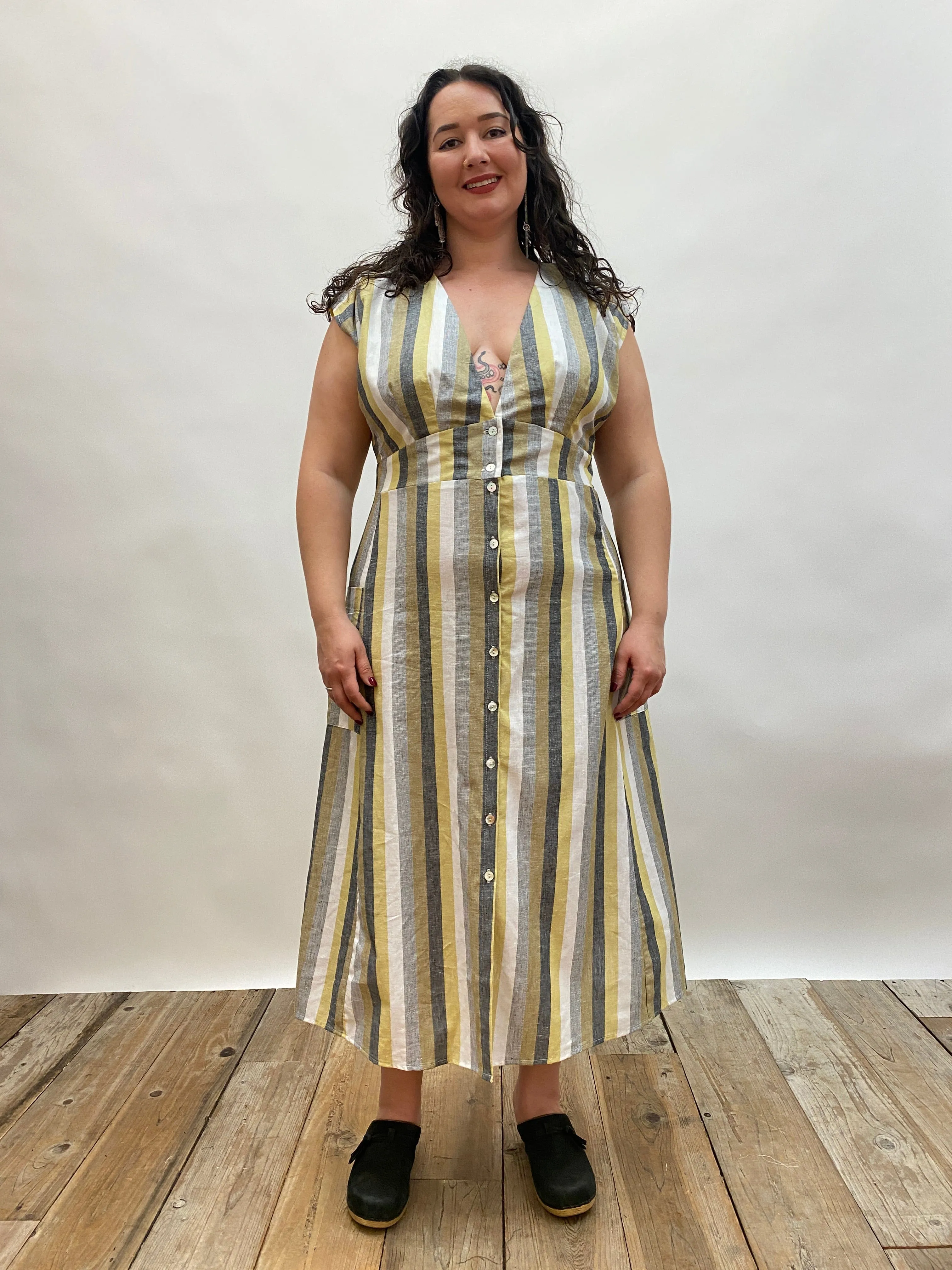 Penelope Dress in Linen Stripe Drawstring-Waist