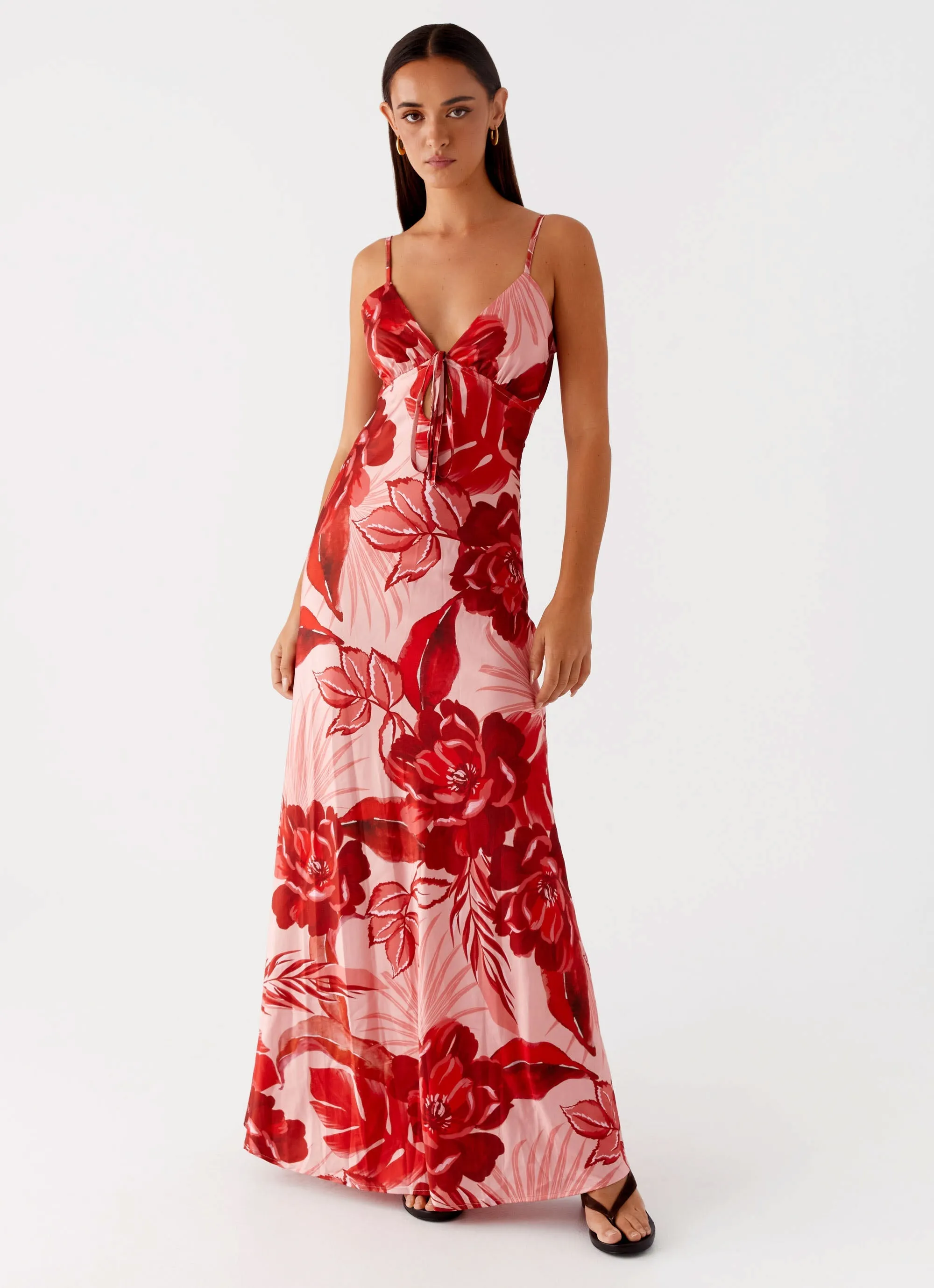Gloss Finish Flora Satin Maxi Dress - Sicily Sunsets Print