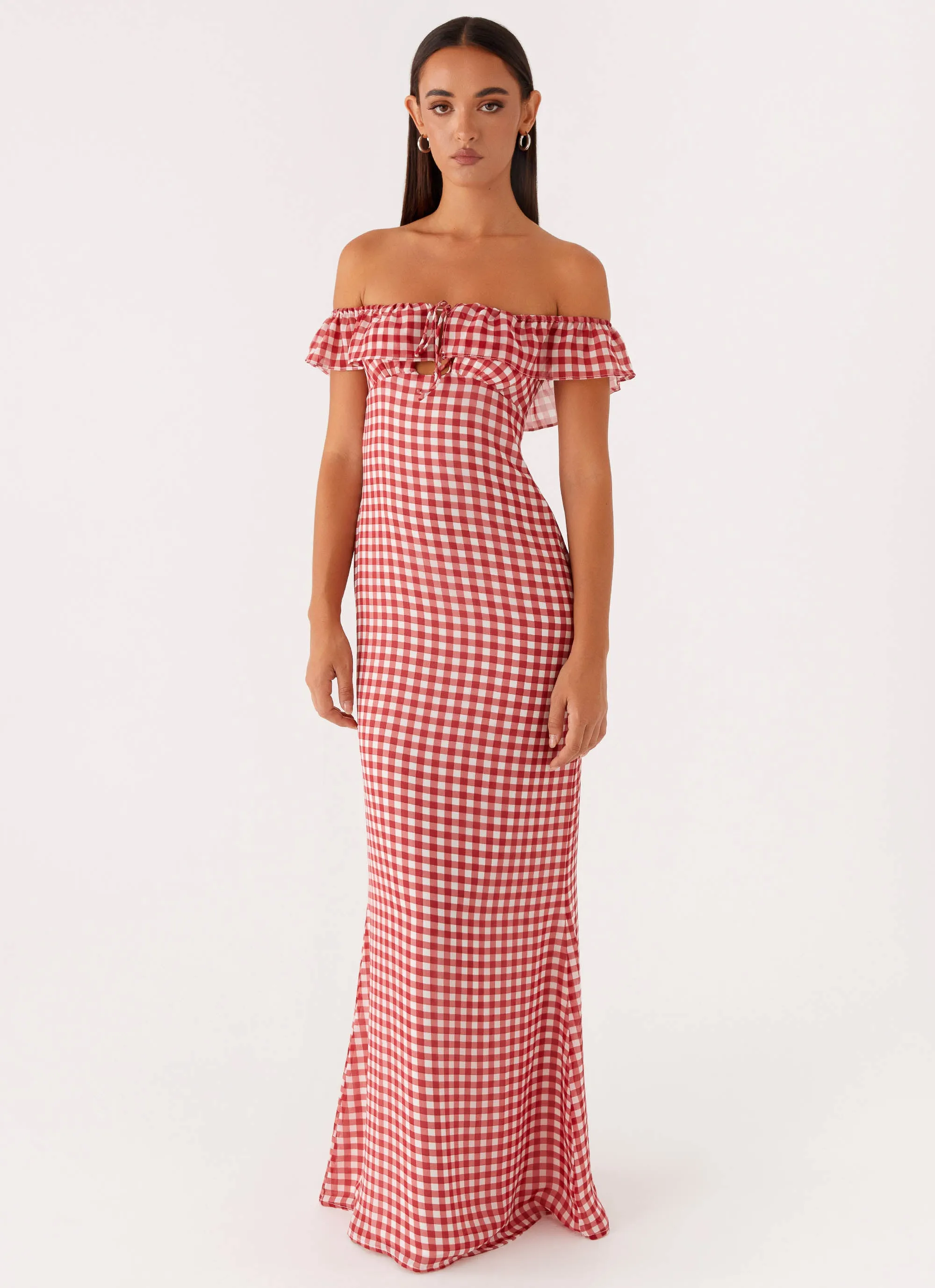 Euro Touch Romantic dinner wear Scarlet Cherry Maxi Dress - Red Gingham