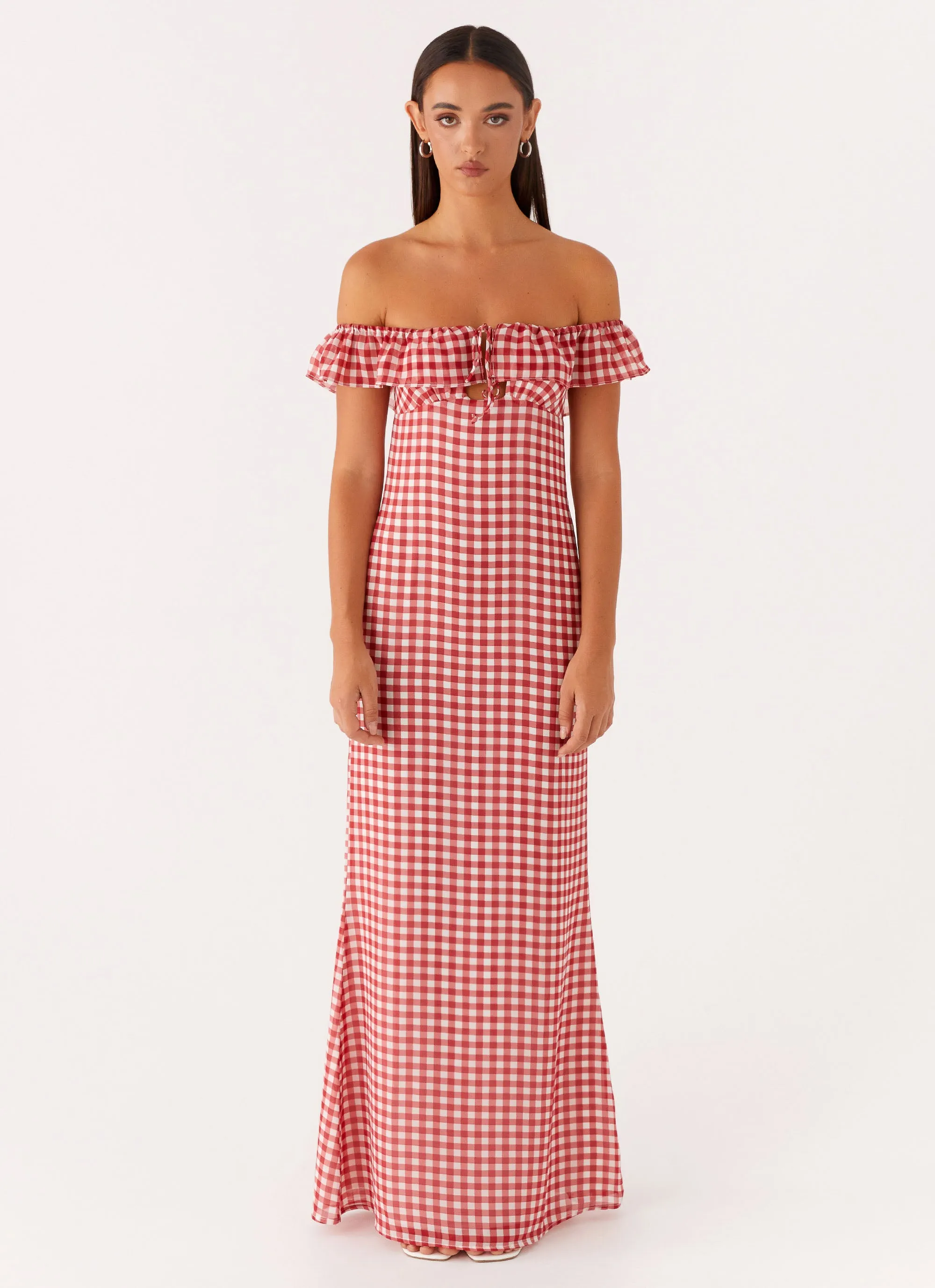 Recycled-Material Easy and Effortless Scarlet Cherry Maxi Dress - Red Gingham