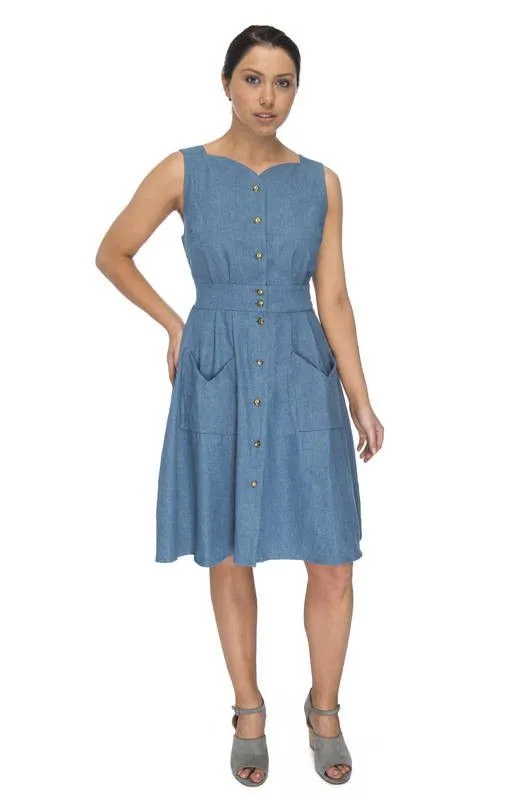 Playful design piece Front Ruffle Sheet Dress in Washed Denim