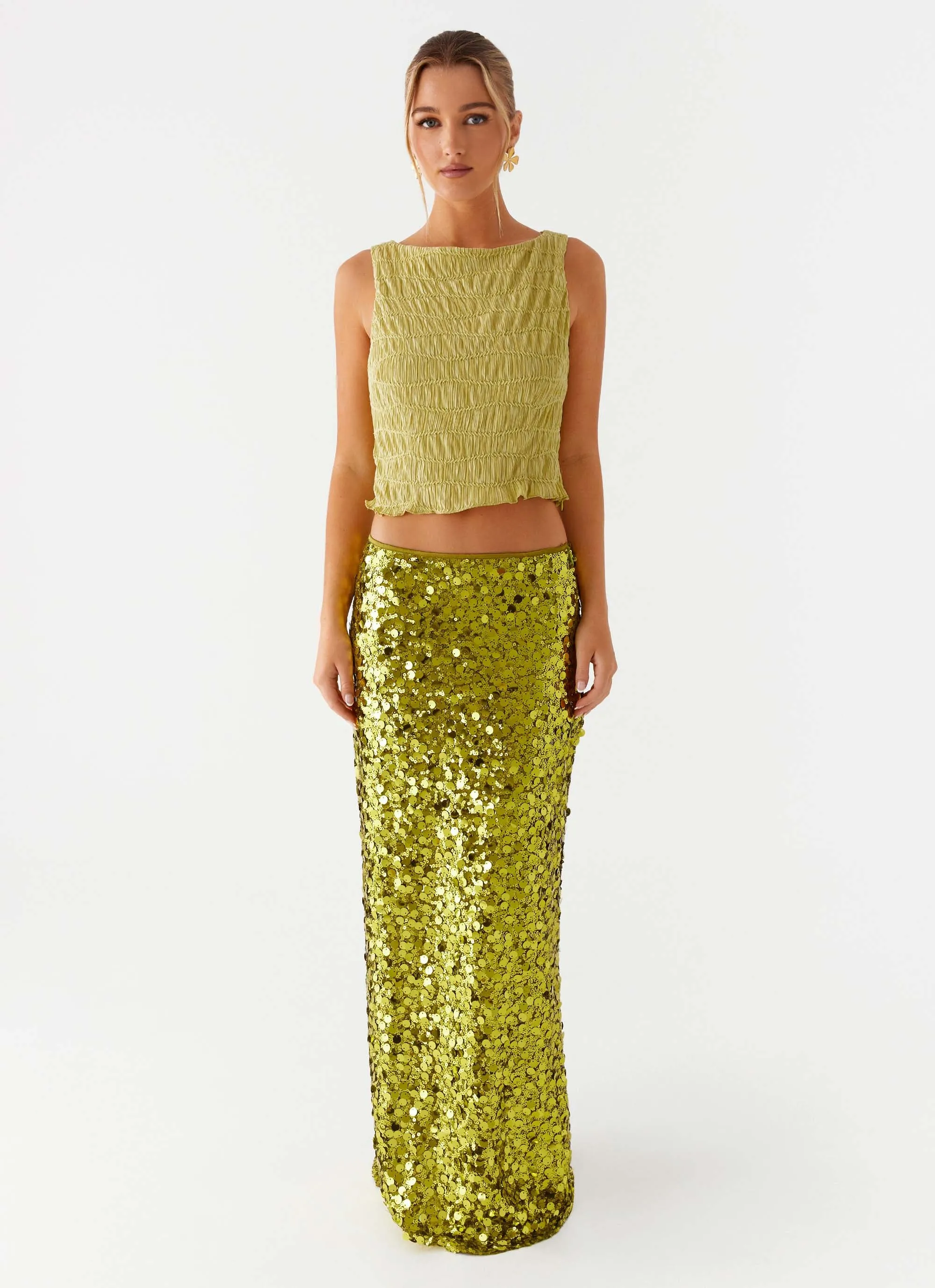 Perfect Places Low Rise Sequin Maxi Skirt - Olive Abrasion resistant Street Look