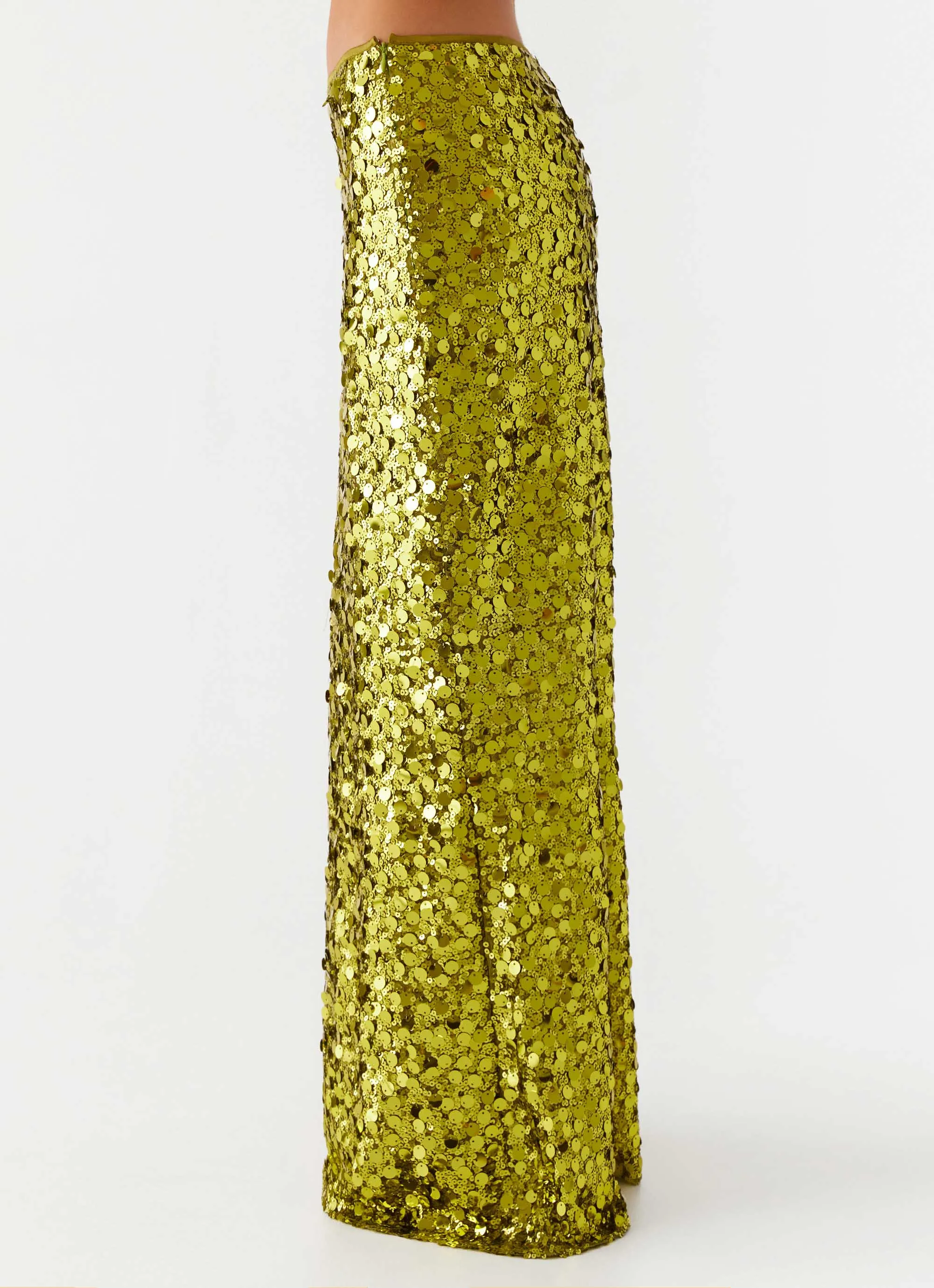 Perfect Places Low Rise Sequin Maxi Skirt - Olive Texture Play