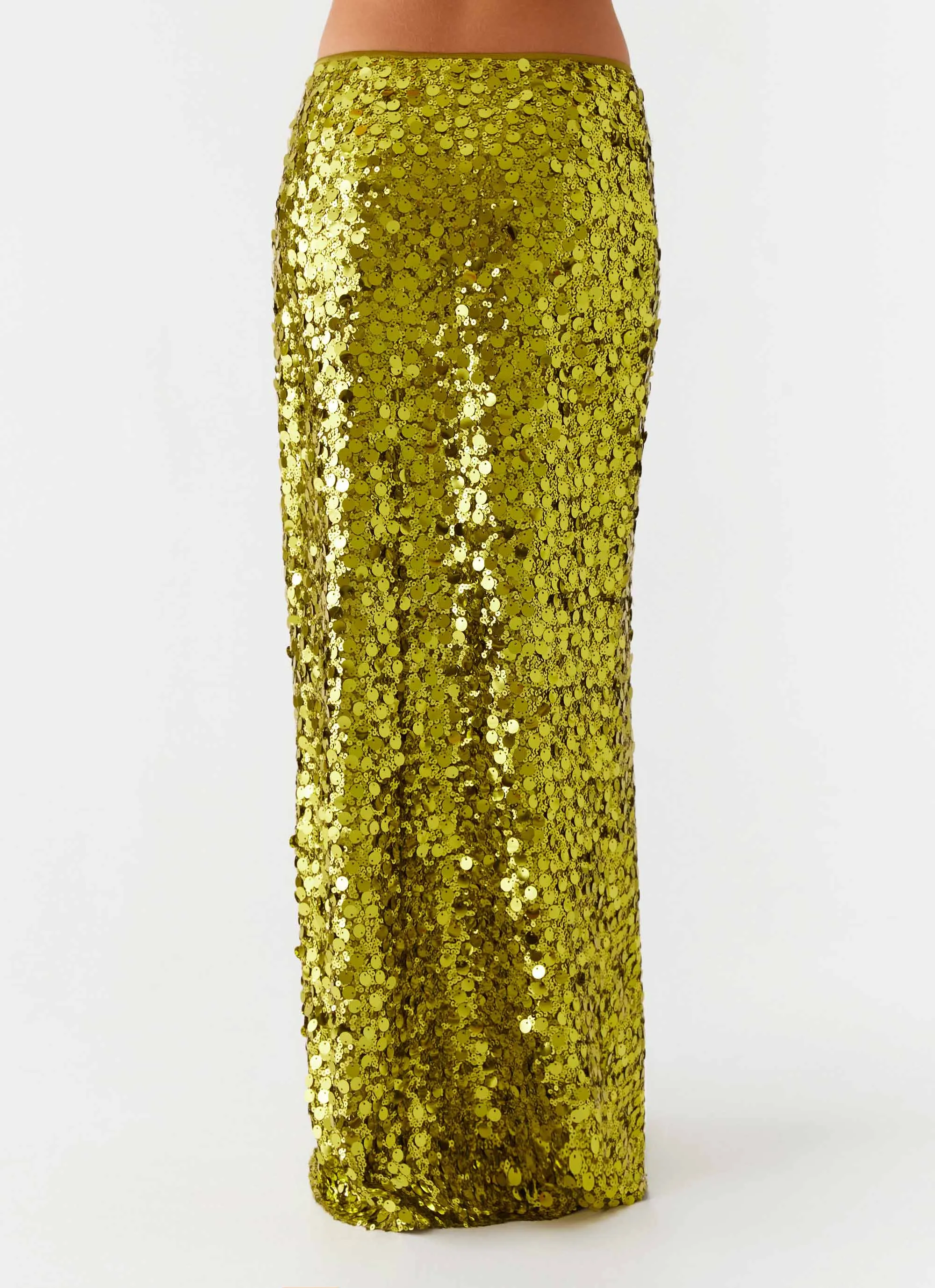 Travel Vibes Minimal Style Perfect Places Low Rise Sequin Maxi Skirt - Olive