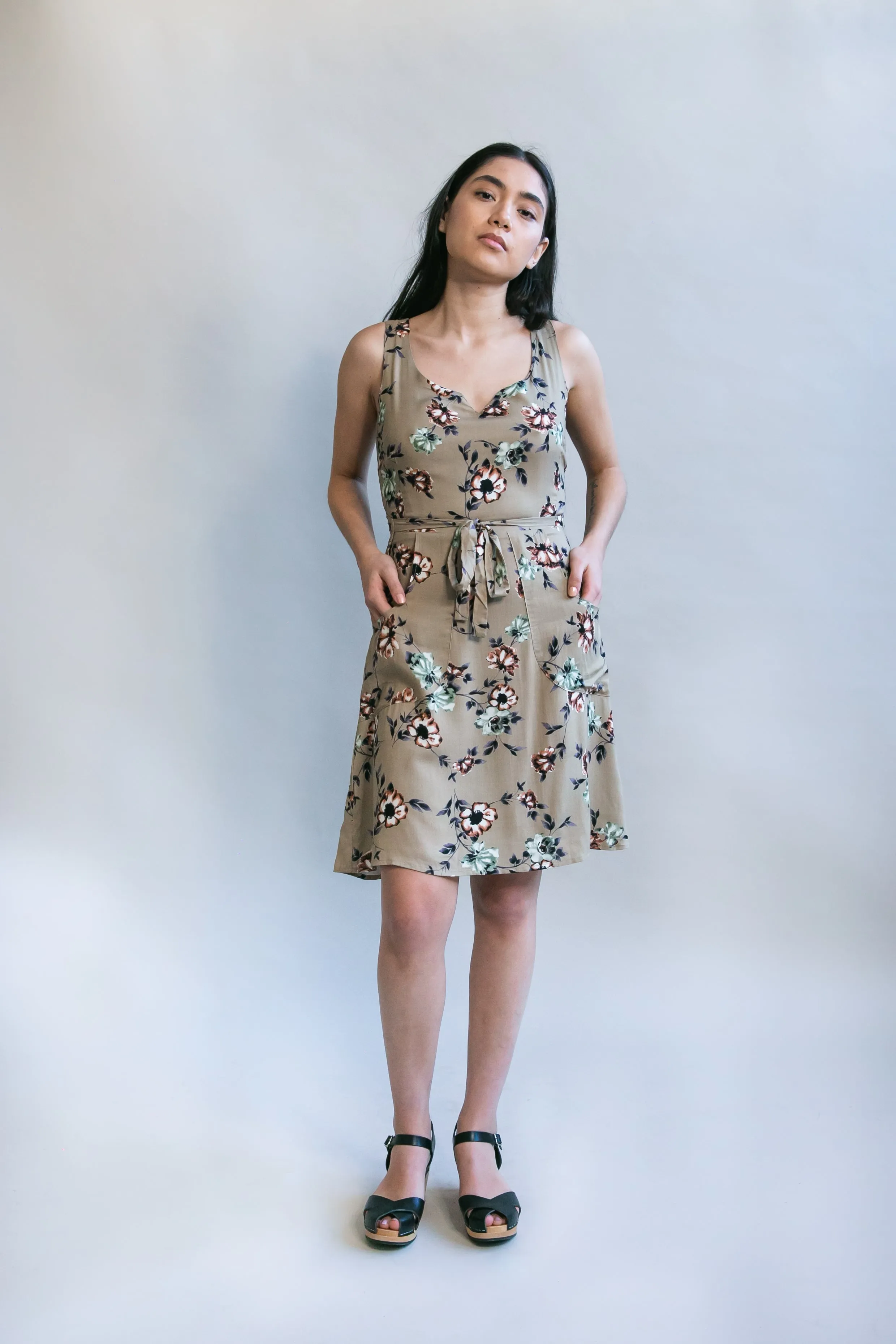 colorfast Light Silhouette Wrap Dress in Taupe Floral