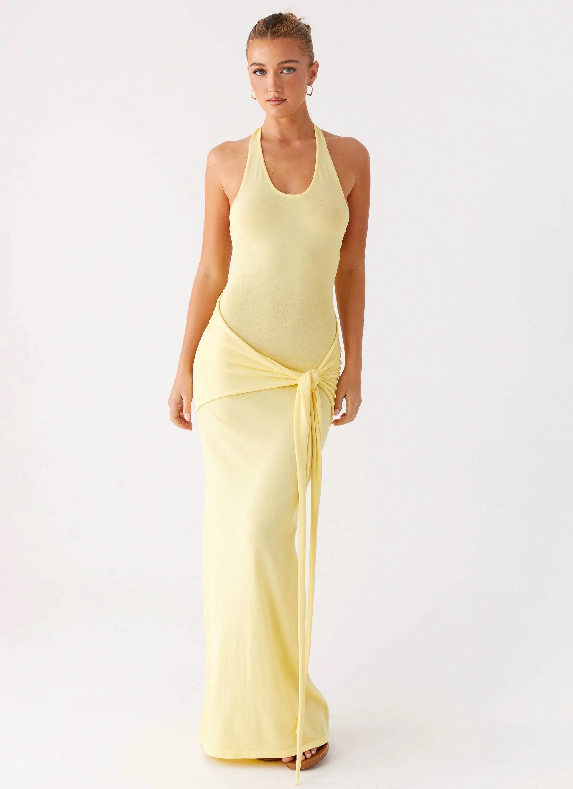 Wrap-Style Mid Season Pina Colada Knit Maxi Dress - Yellow