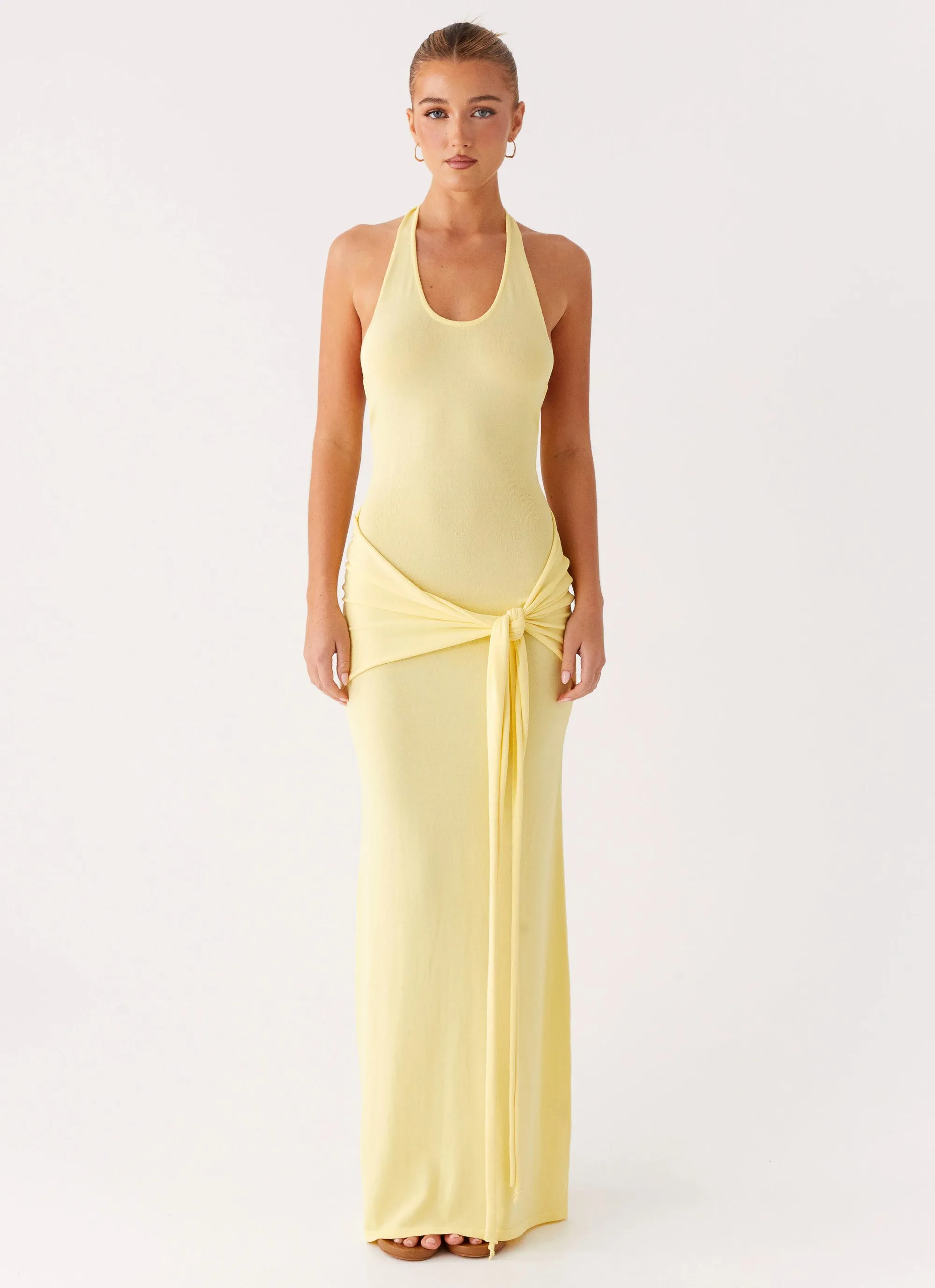 Pina Colada Knit Maxi Dress - Yellow Satin Fabric