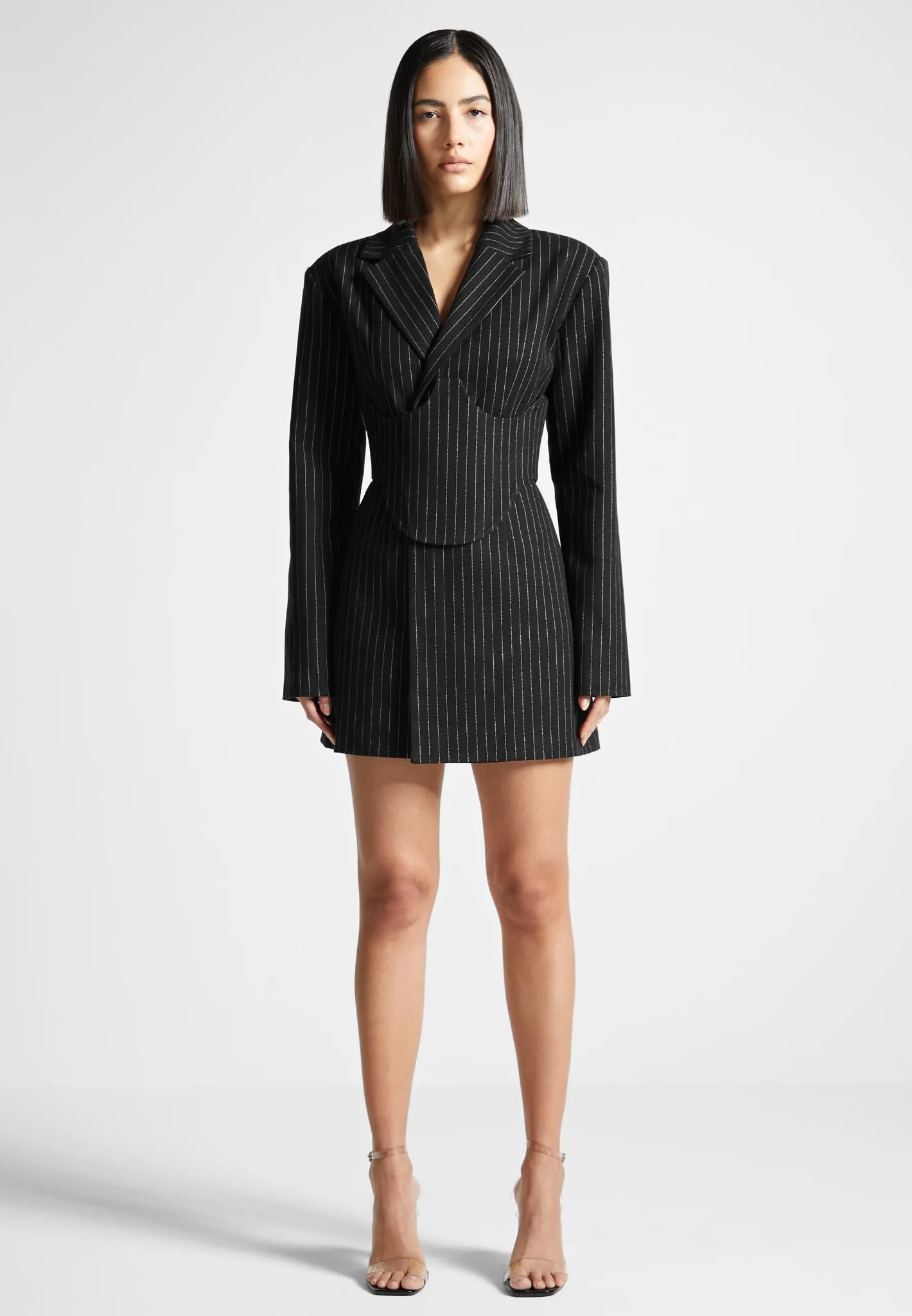 Pinstripe Blazer Dress with Reversible Corset - Black Refined Form Texture Flow