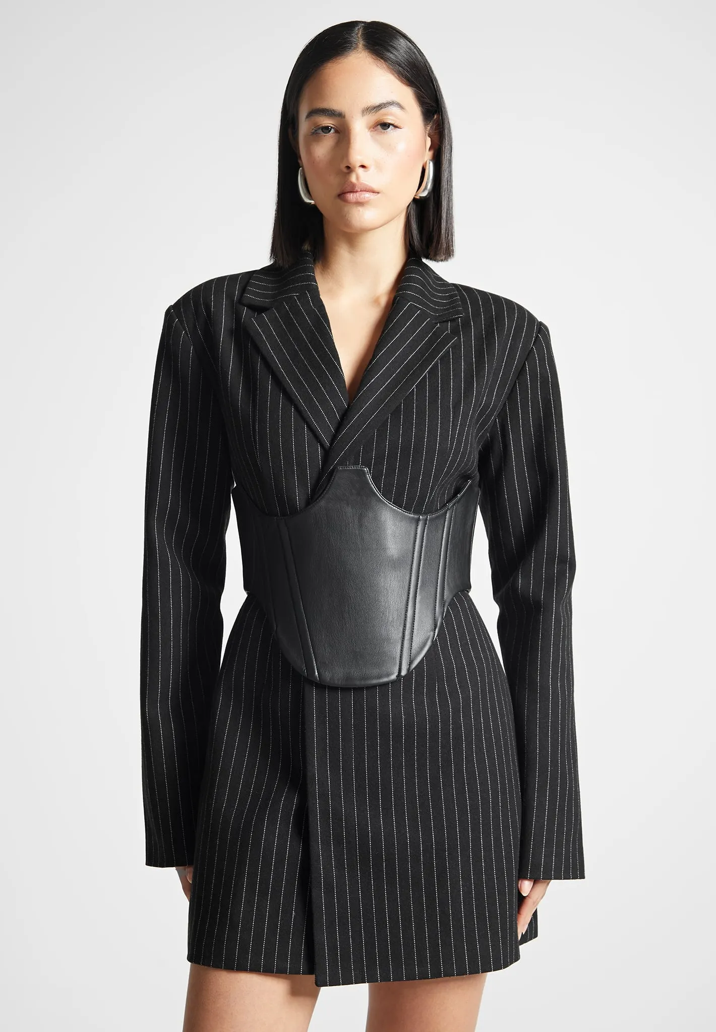 Pinstripe Blazer Dress with Reversible Corset - Black Chic Vibe