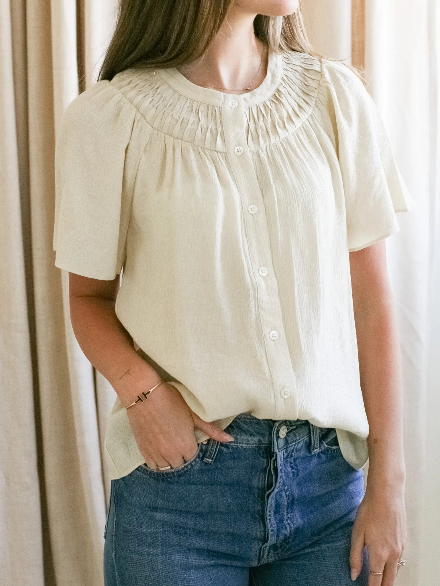 Heather Effect Finish Pintuck Yoke Blouse