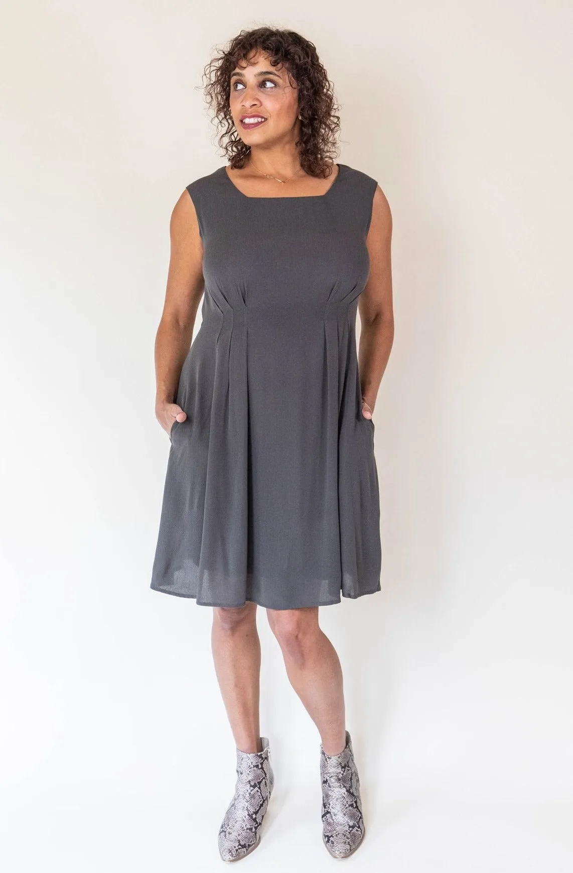 Chic and Flattering Pleiades Dress in Olive Crepe