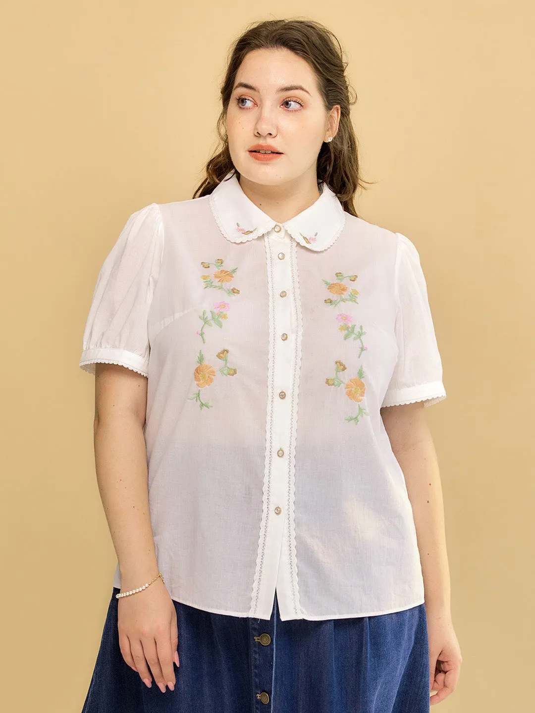 Eco Friendly Dye Process Plus Size Emmy Floral Embroidery Button Front Shirt