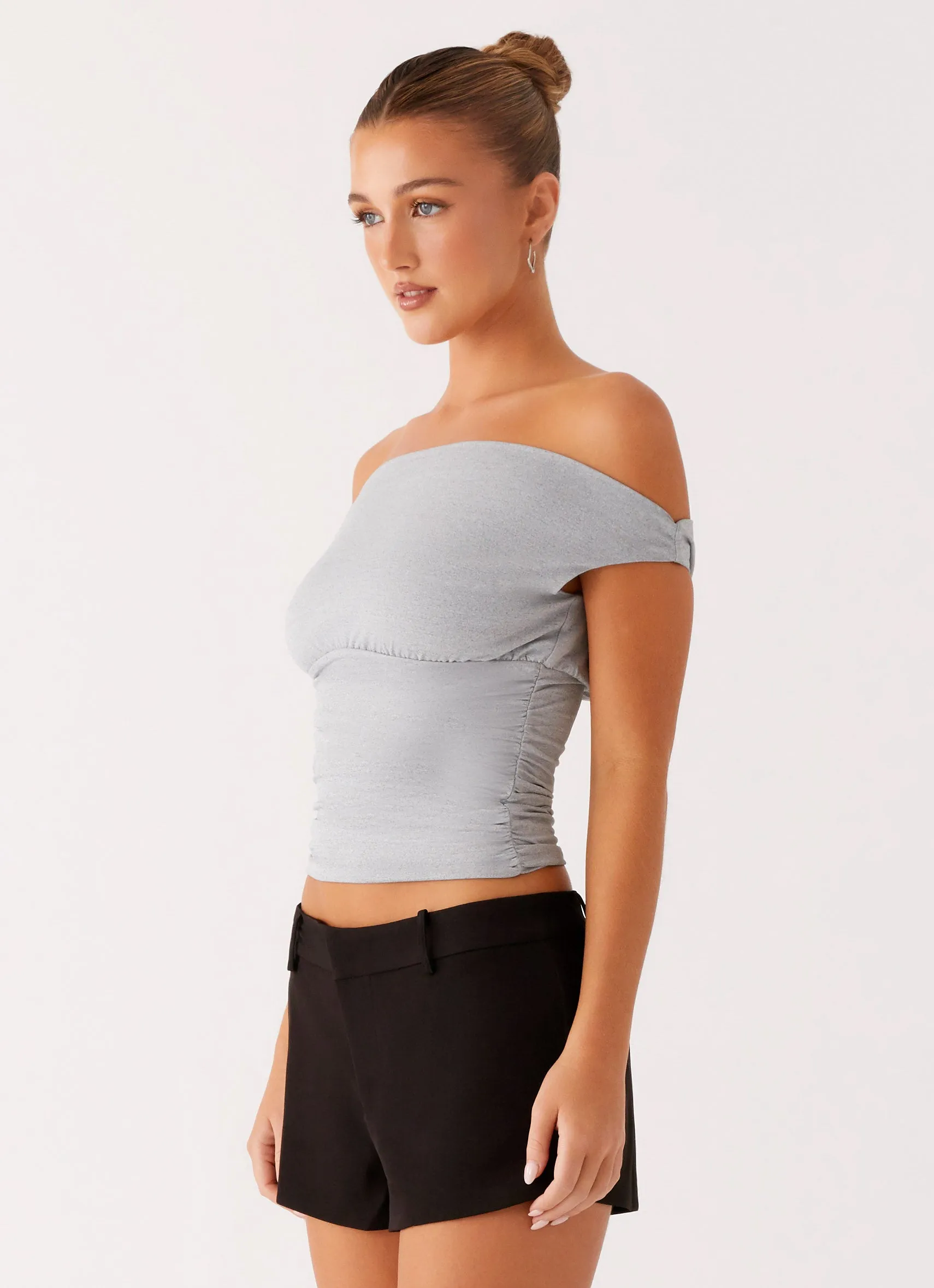 RollUpCuff Elasticized Waistband Reva Off Shoulder Top - Grey