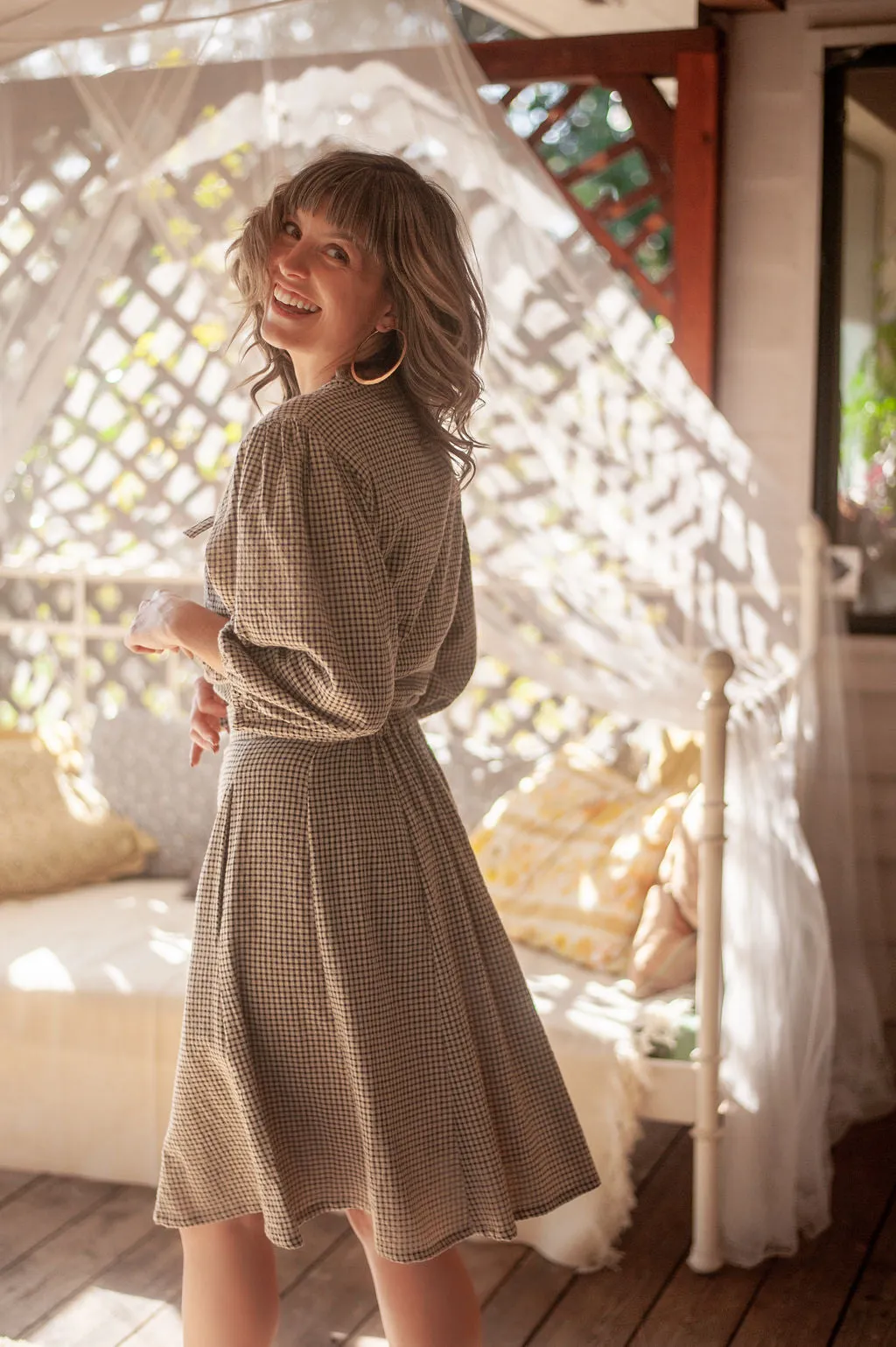 Quick Dry Feature Poet Top in Black and Oat Cotton Gingham