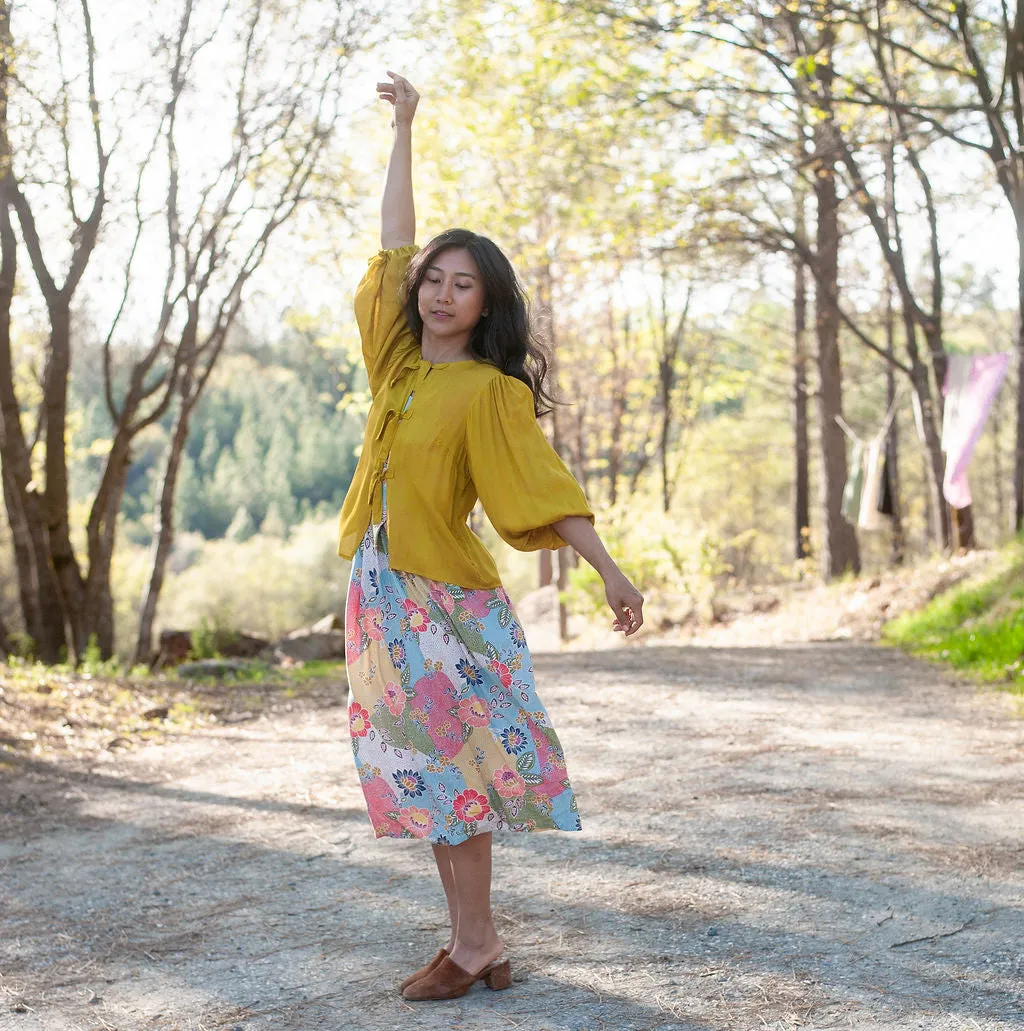 Contrast Stitch Accent Poet Top in Mustard Crepe