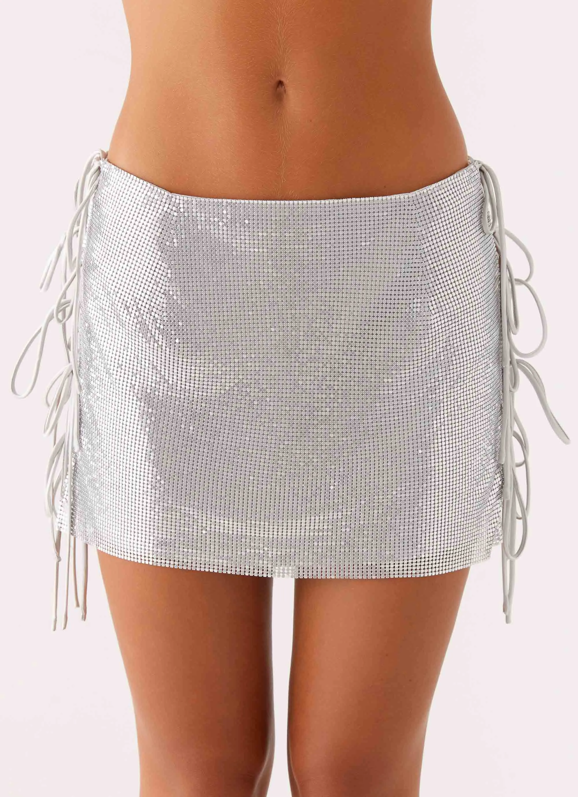 Popstar Glomesh Mini Skirt - Silver Moisture wicking Designer Inspired