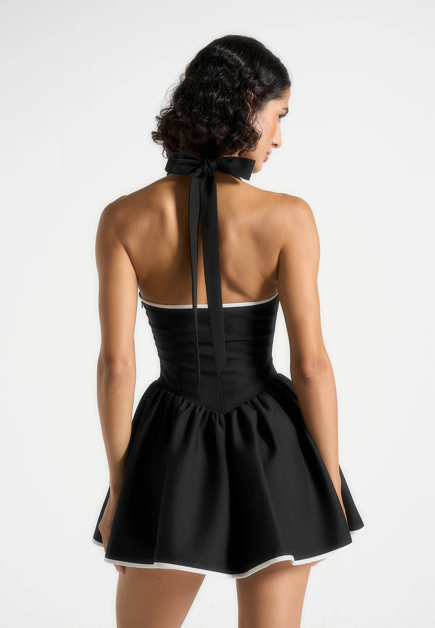 Roxana - Halter Neck Belted Mini Dress - Black Natural Silhouette Flare Swing
