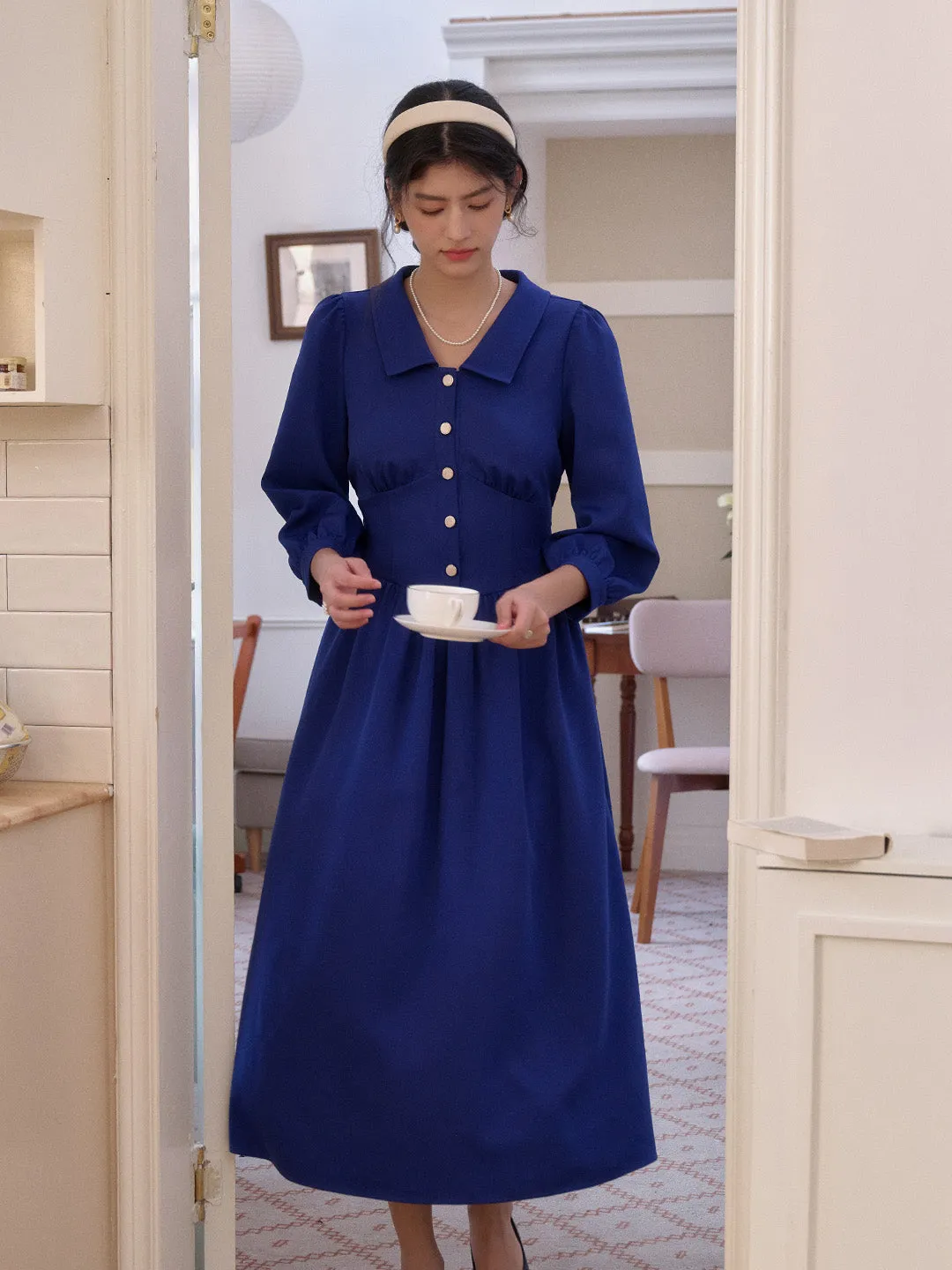 Maximalist-Trend Sheer-Overlay Stevie Turn-Down Collar Blue Dress