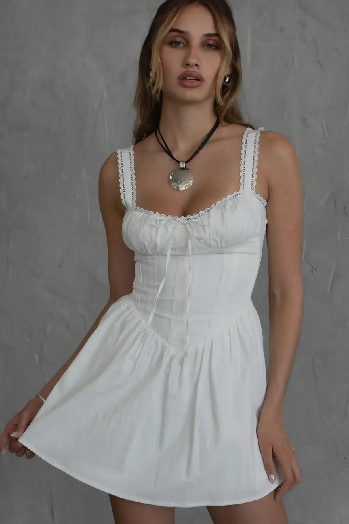 Lace Accent Urban Drape Darcy Poplin Mini Dress- White