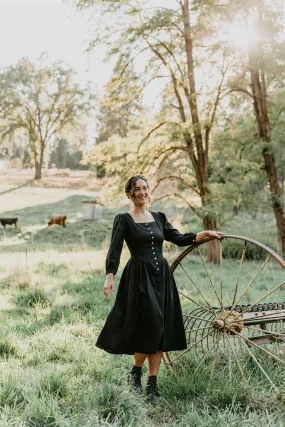 Bright Petal Prairie Dress in Black Linen