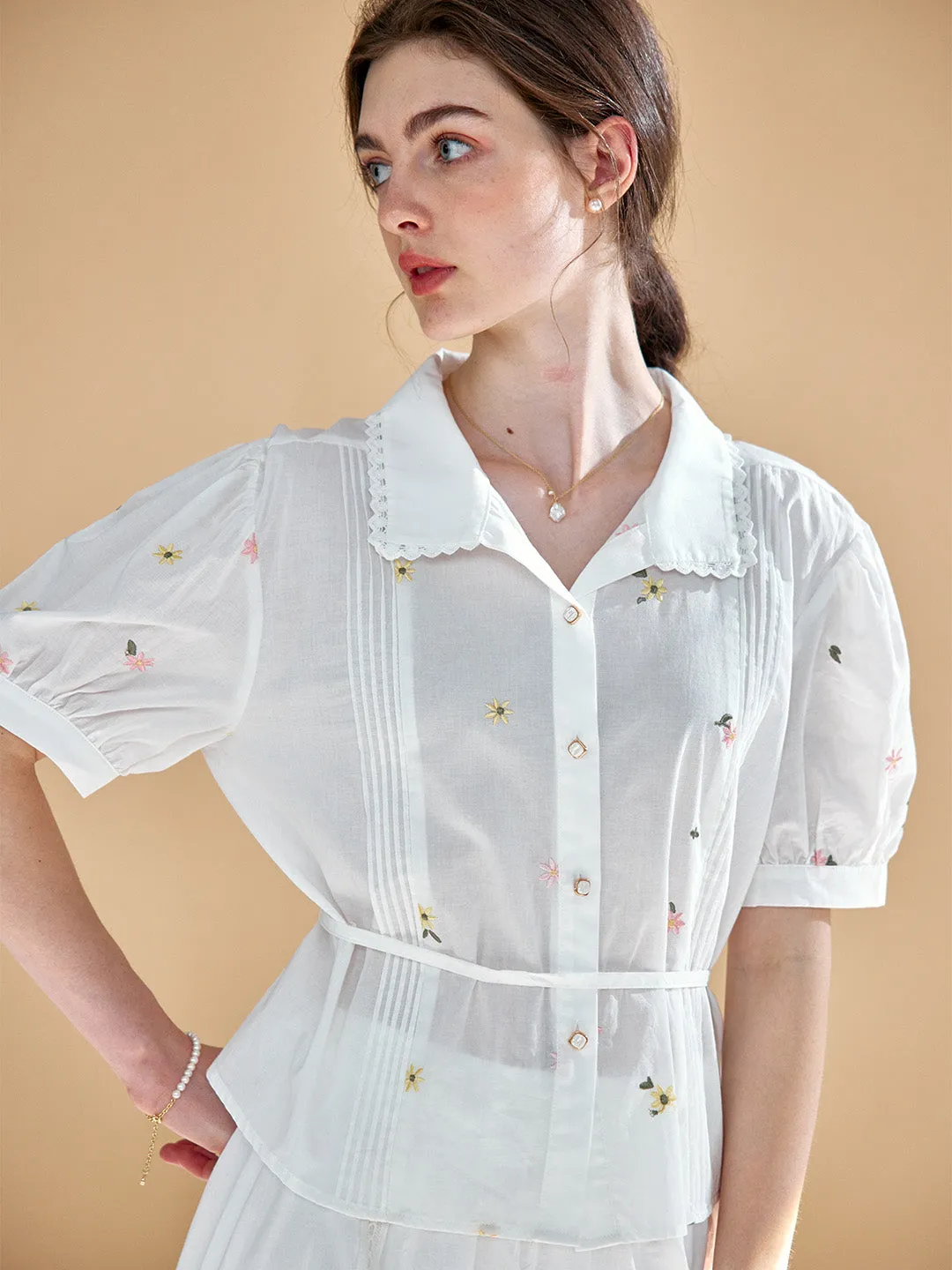 Multipanel Construction YarnDyed Stripes ??Final Sale??Savanna Simple Little Daisy Embroidered White Blouse