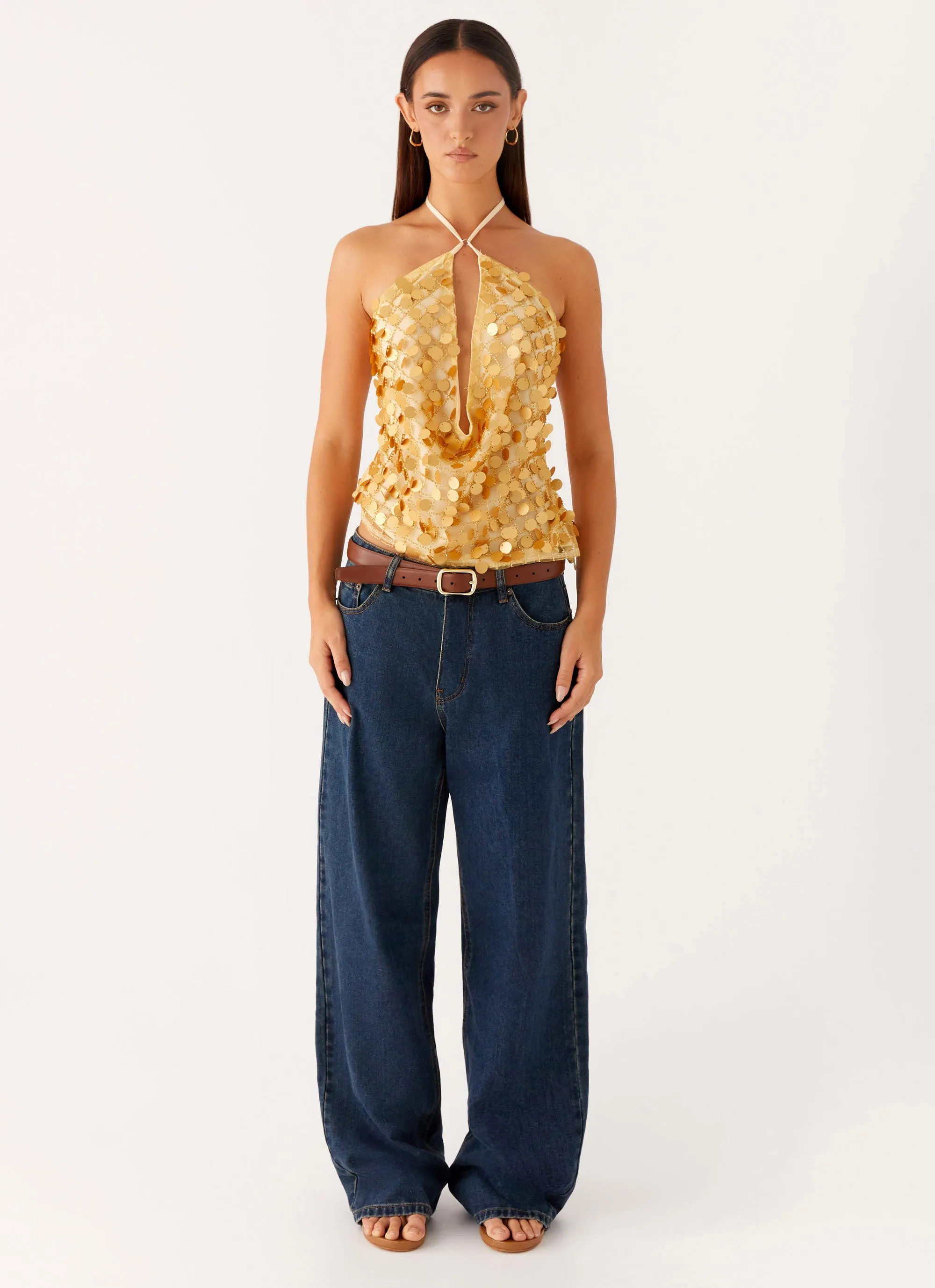 Durable Color Retention Sustainable Cotton Xander Sequin Halter Top - Gold