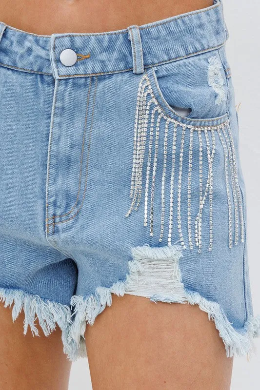 WindResistantWeave Presley Rhinestone Denim Shorts- Denim