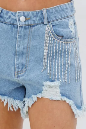 WindResistantWeave Presley Rhinestone Denim Shorts- Denim