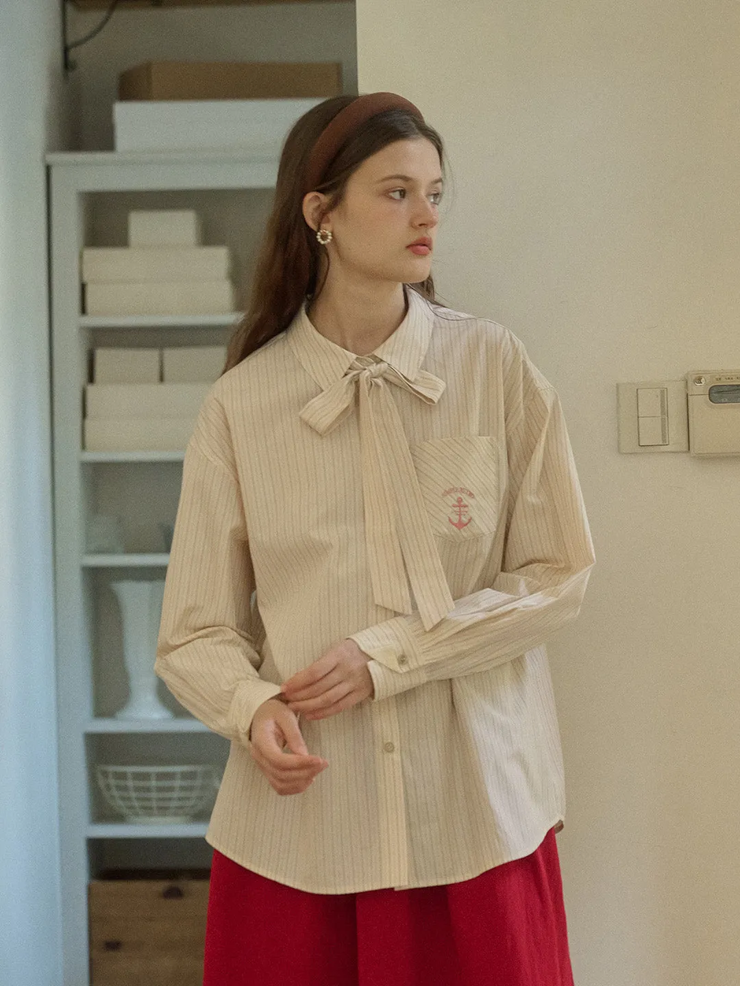 Violeta Classic Lapel Bow Anchor Embroidery Pocket Stripe Shirt - Pink UV protection coating