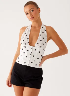 Lets Pretend Halterneck Top - White Polka Dot Convertible Design