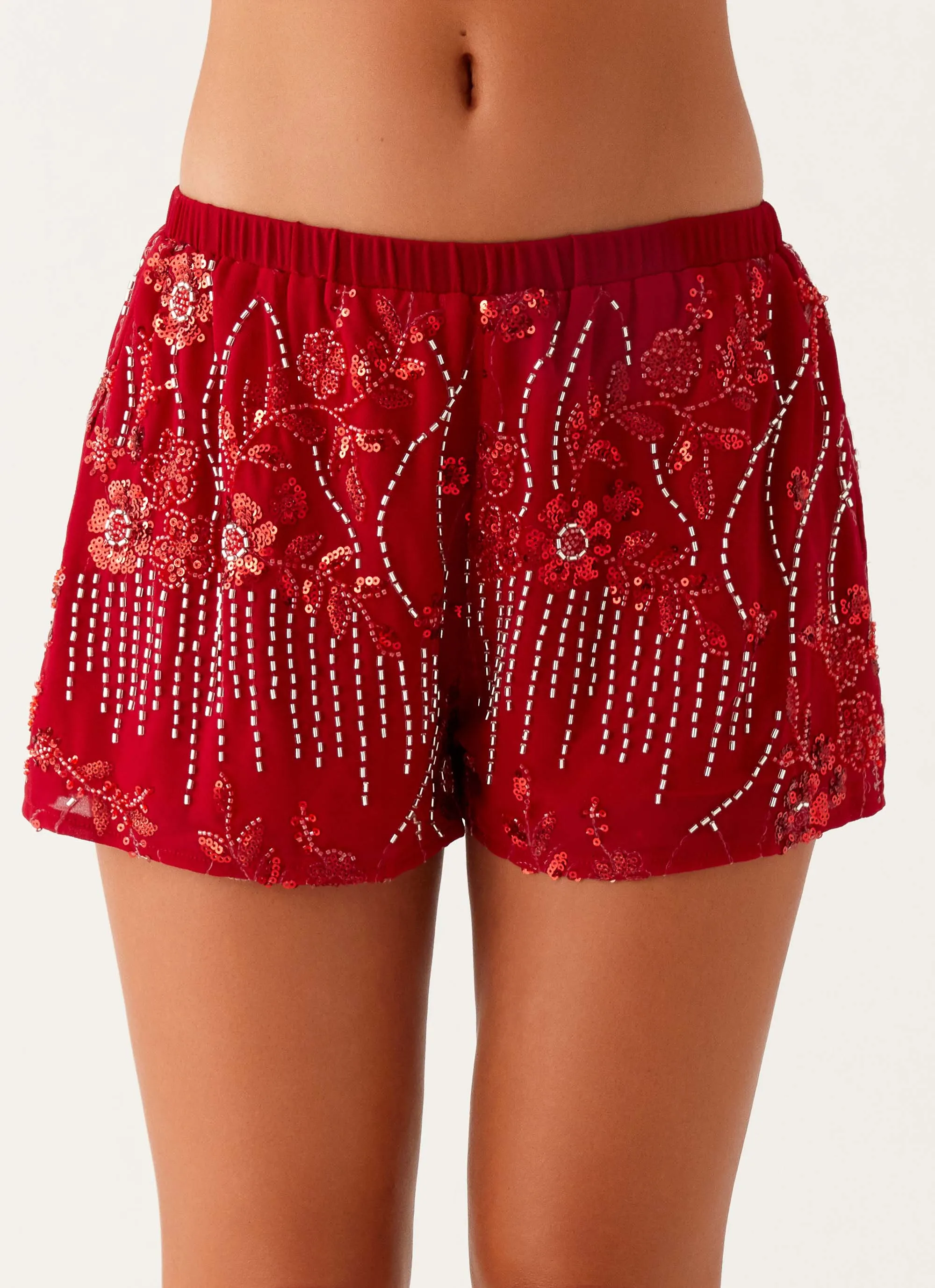 Essential Fit Weekend Style Mercer Sequin Mini Shorts - Red