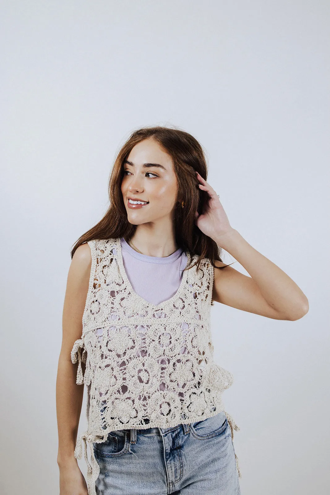 Sustainable Manufacturing Creamy Crochet Side-Knot Vest