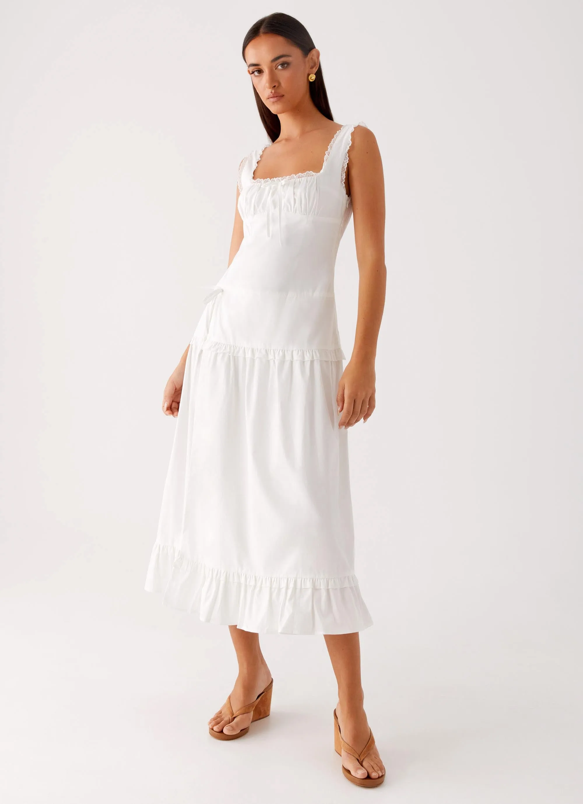 Wrap Glow Silky Drape Quinn Midi Dress - White