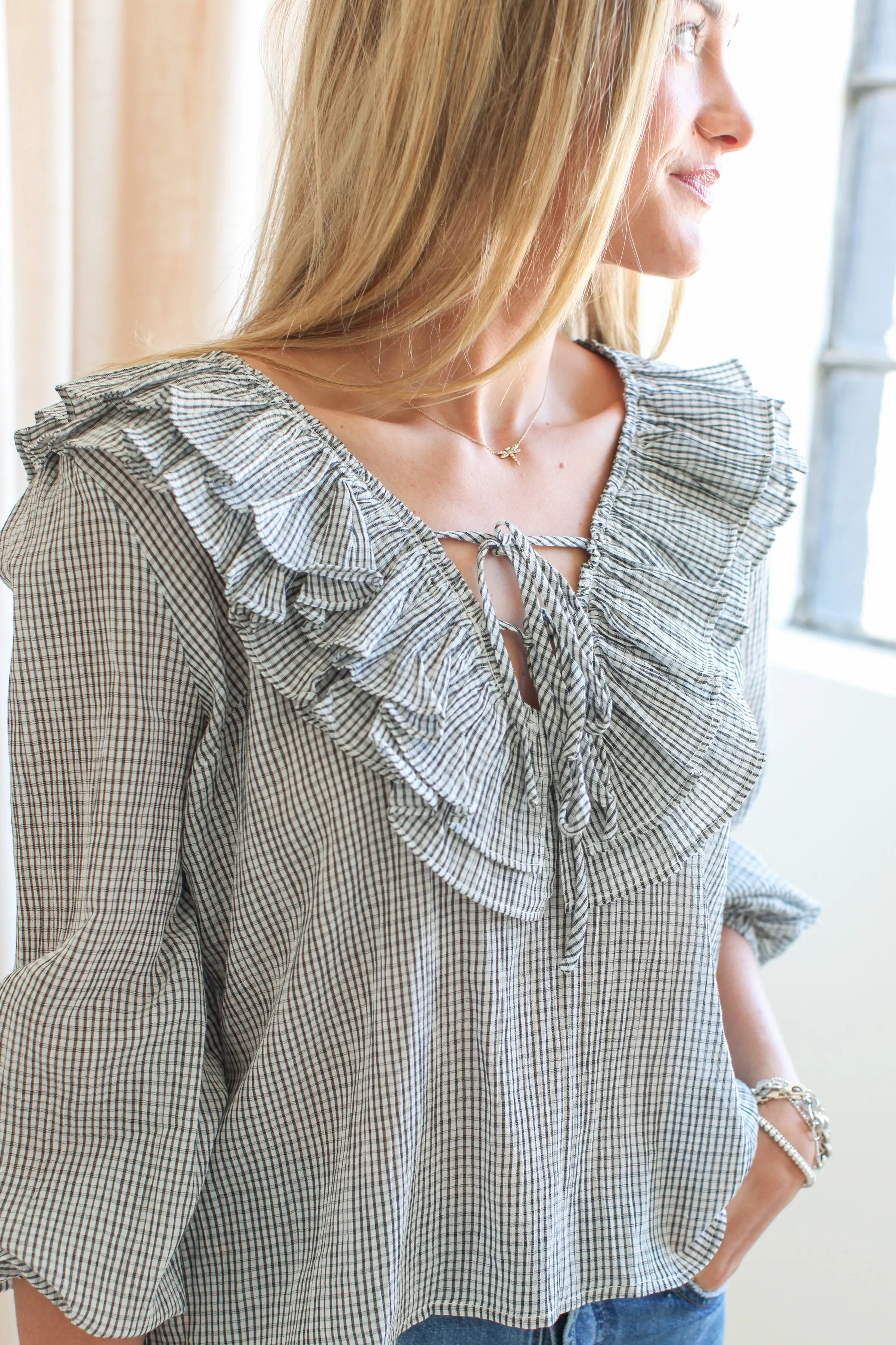 DoubleLayered Collar Rachelle Ruffle Blouse- Plaid