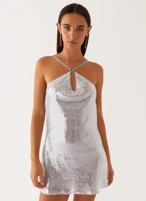 Radiant Energy Cowl Back Mini Dress - Blue Knitted Fabric