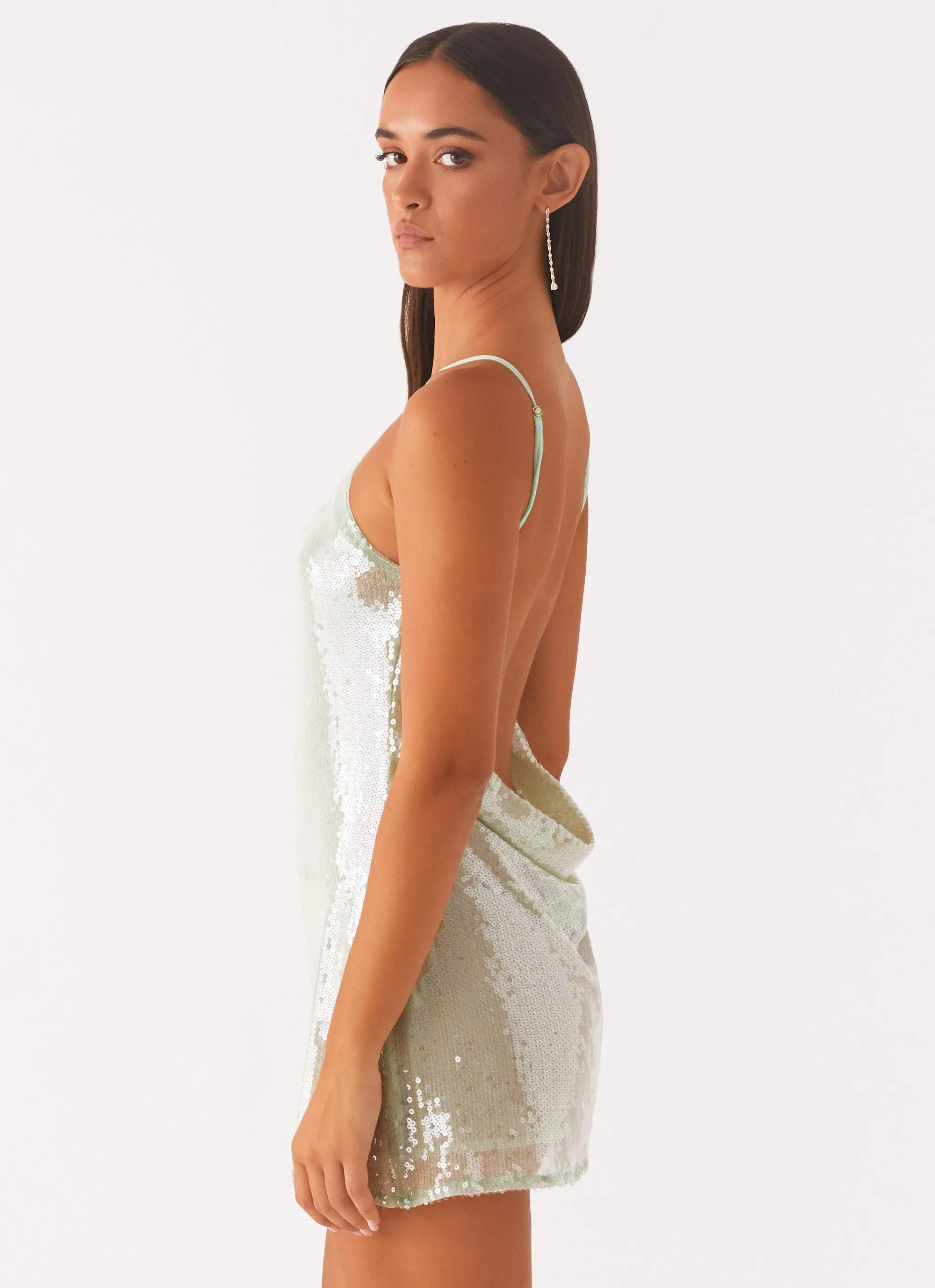 Slim Fit Band Soft Styling Radiant Energy Cowl Back Mini Dress - Mint