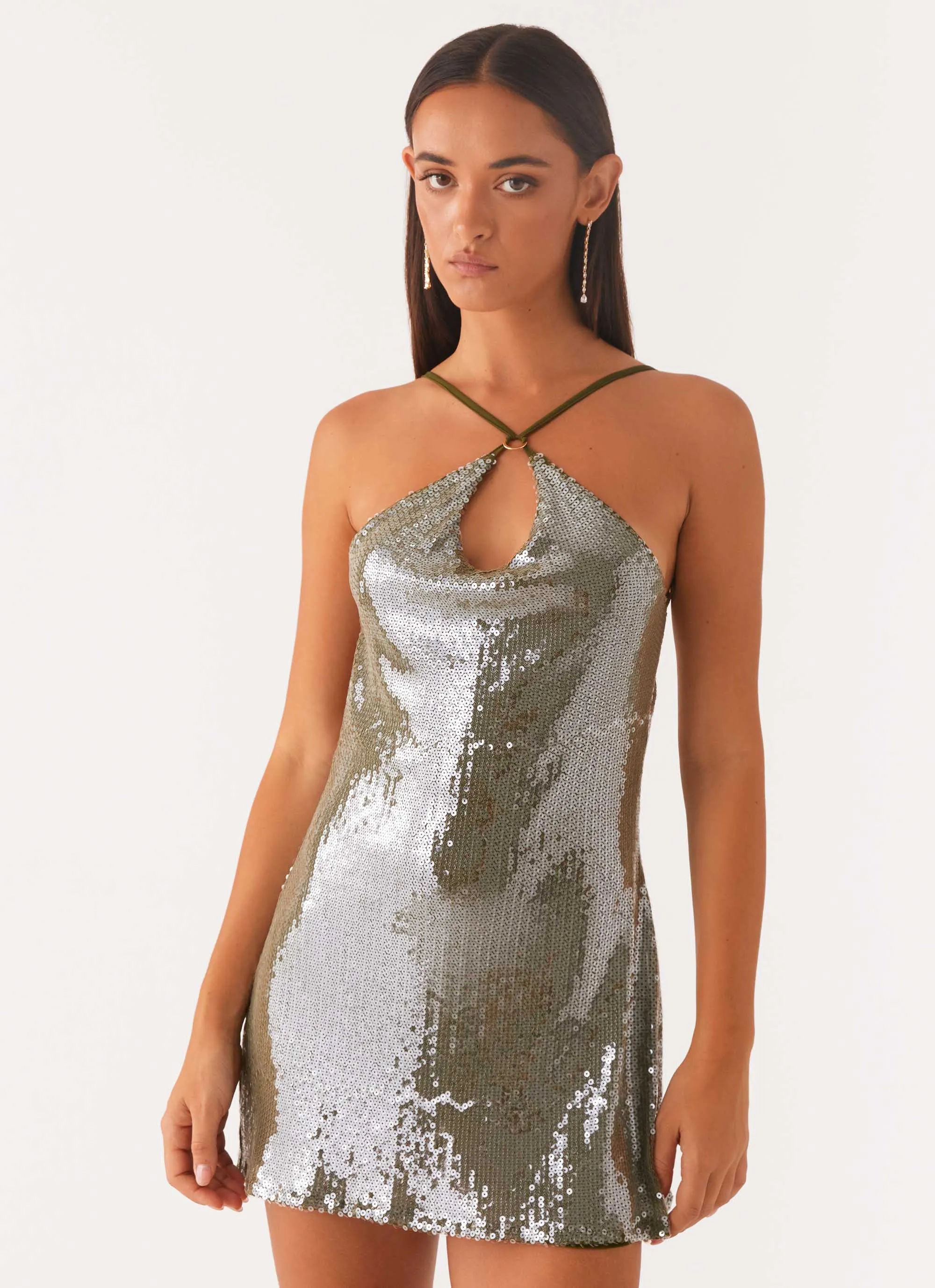 Artisanal Craft Radiant Energy Cowl Back Mini Dress - Olive